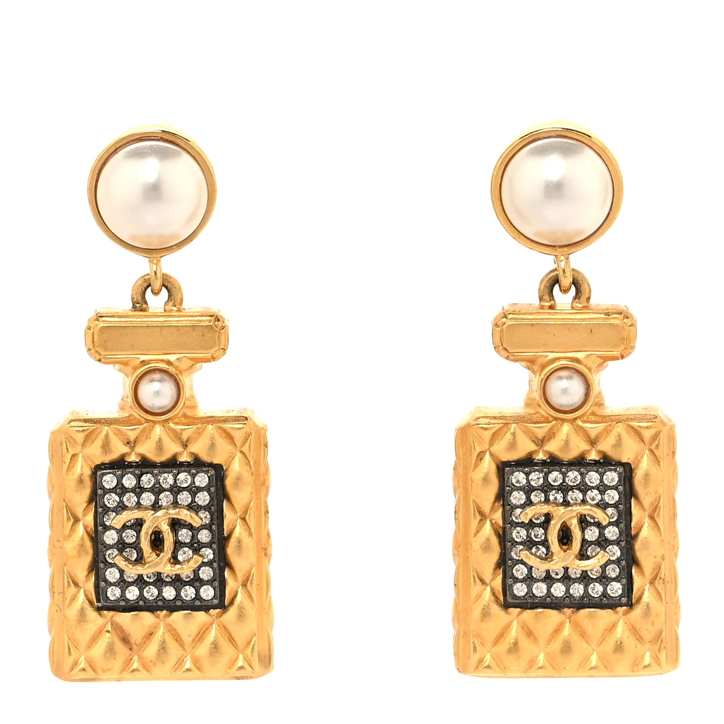 Crystal Pearl CC Perfume Bottle Drop Earrings Gold