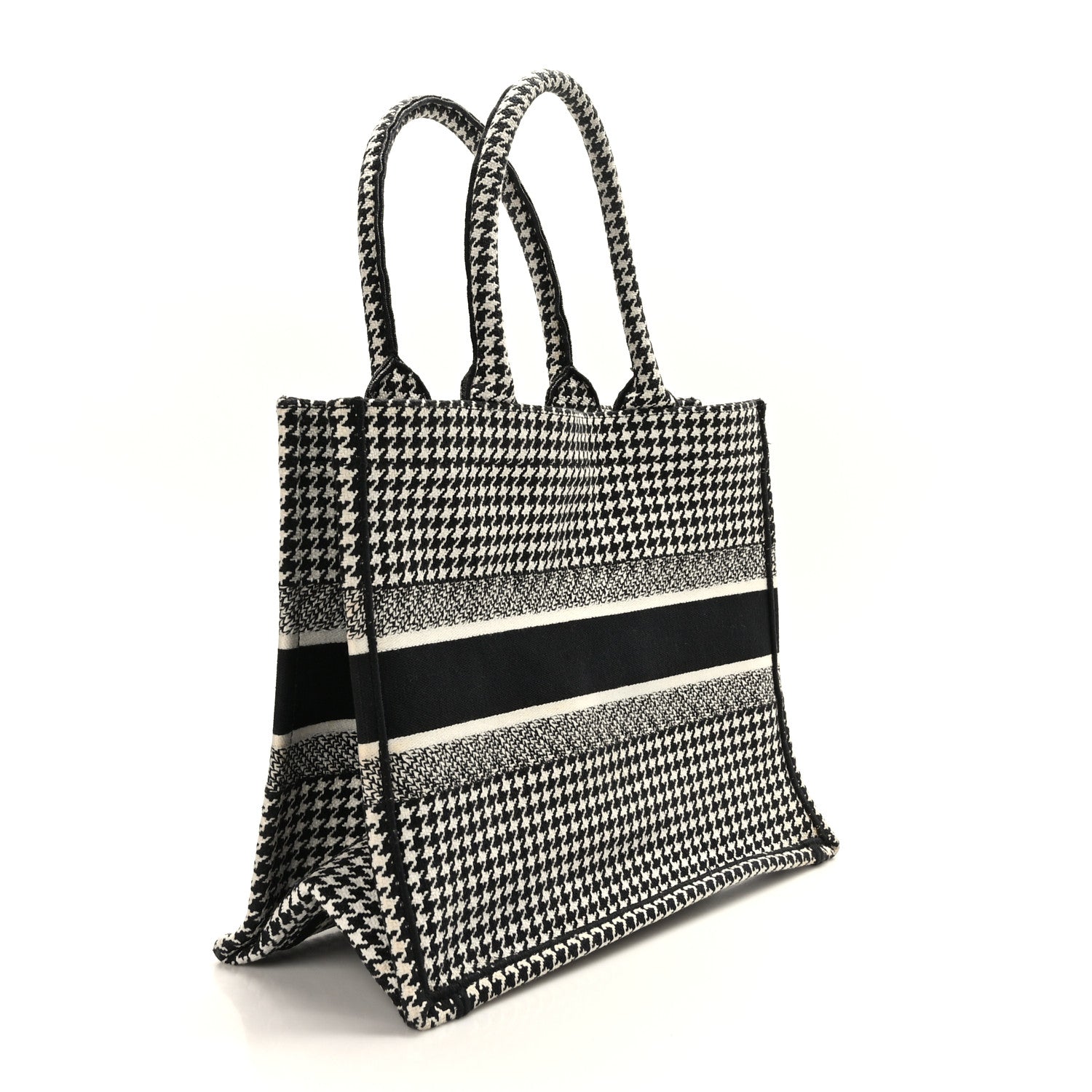 Christian Dior Canvas Houndstooth Embroidered Medium Book Tote Black White 3 of 9