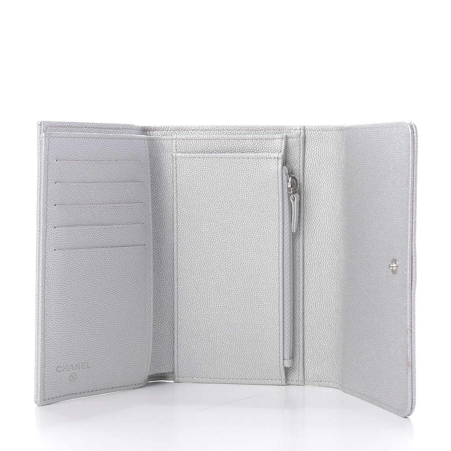 Metallic Caviar Chevron Quilted Mademoiselle Vintage Flap Wallet Silver