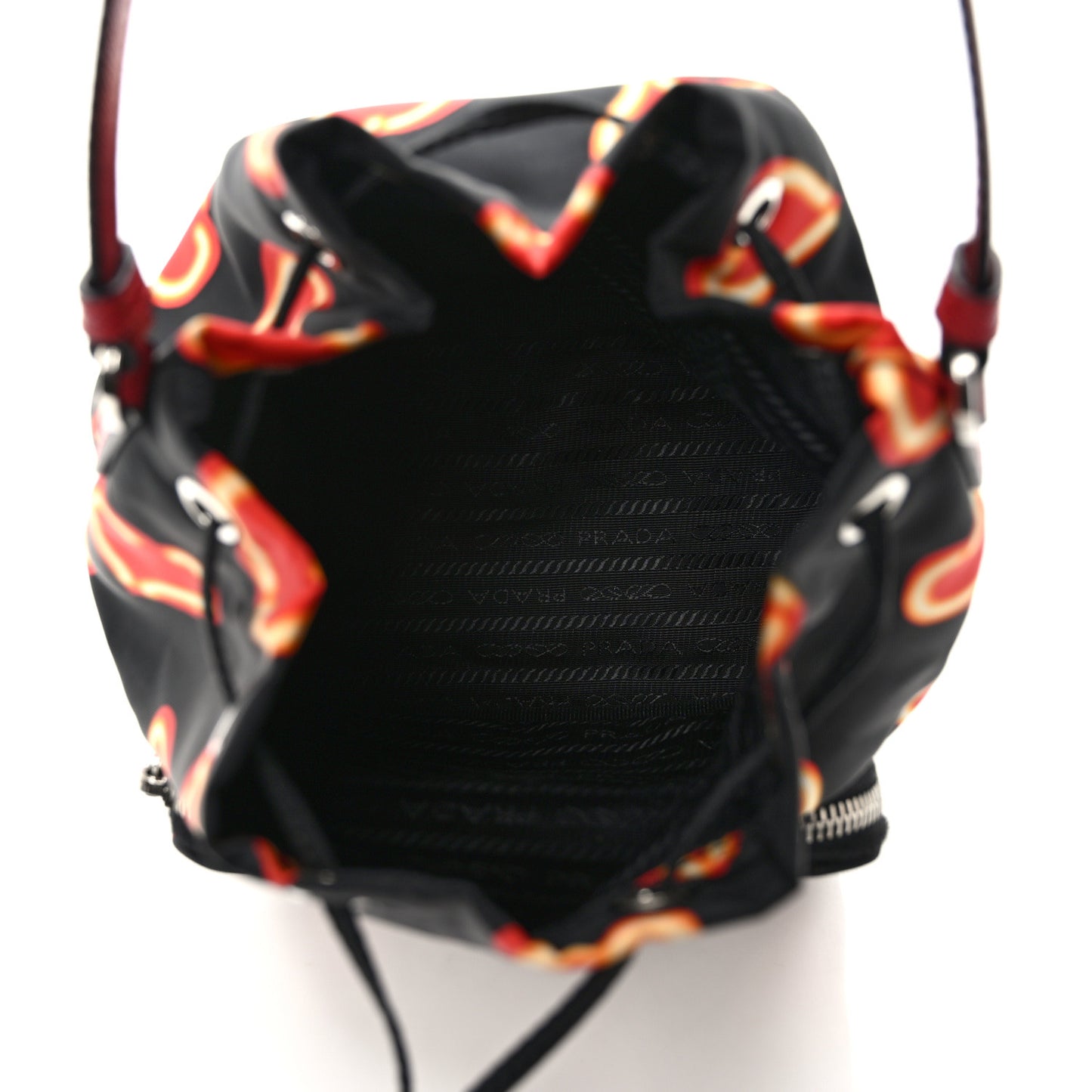 Nylon Saffiano Heart Print Bucket Crossbody Bag Black Fuoco