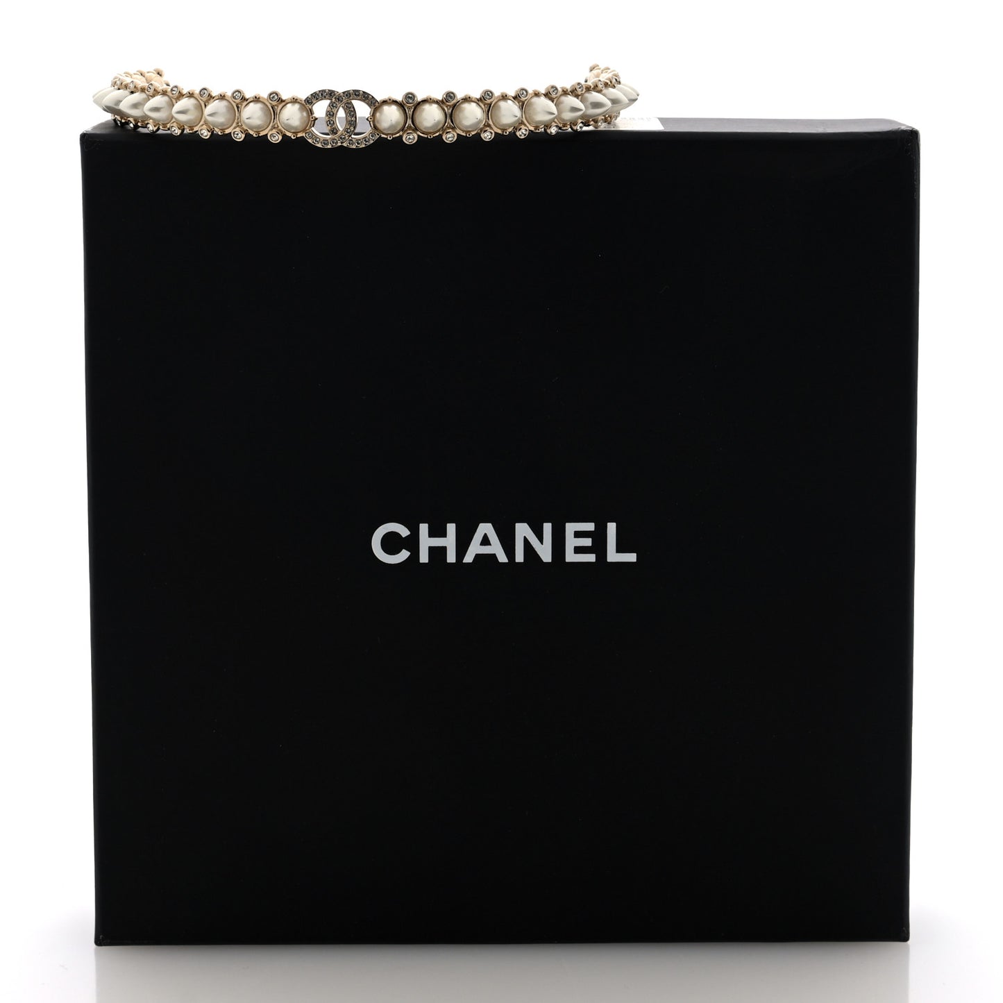 Strass Crystal Studded Pearl CC Choker Necklace Gold Pearly White