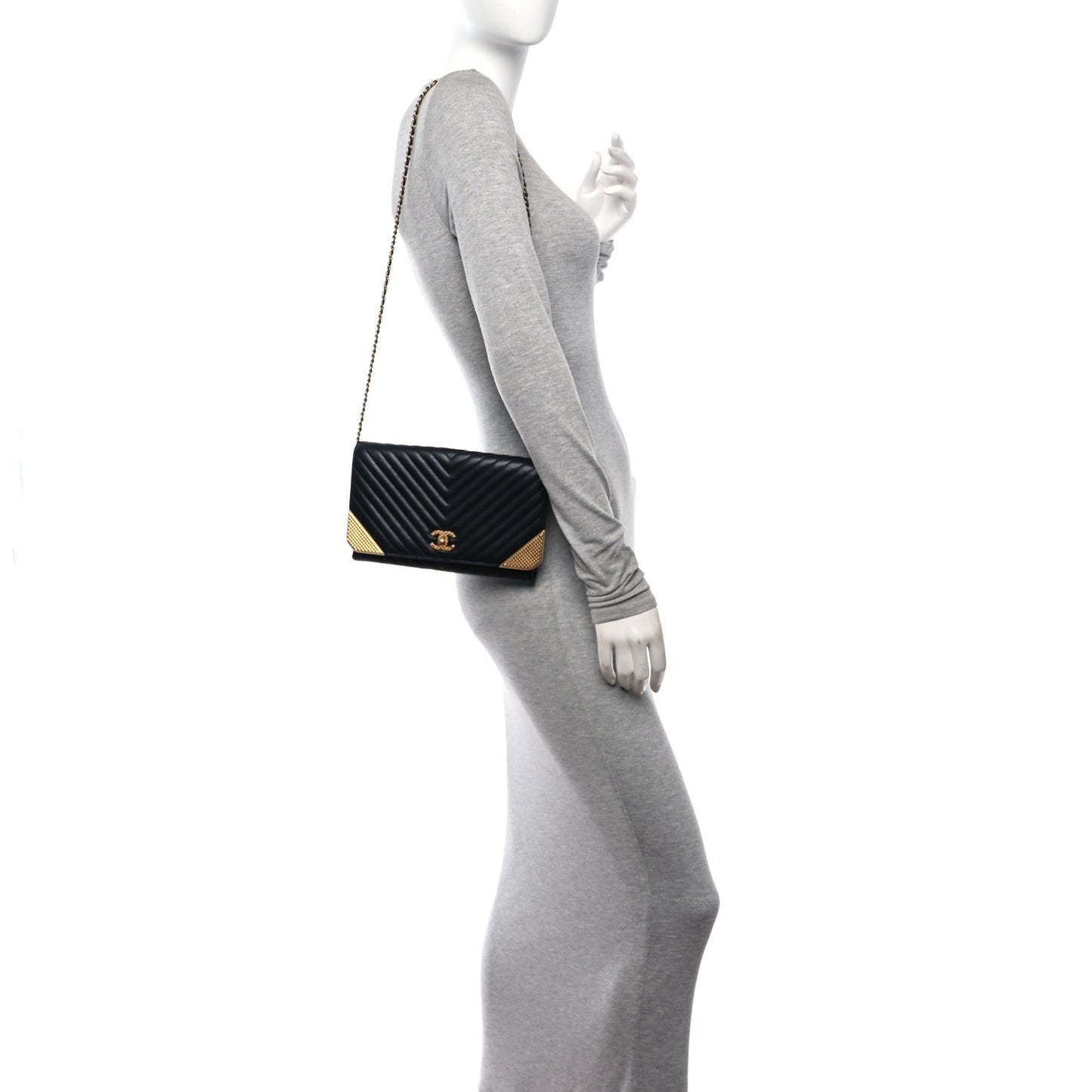 Calfskin Chevron Quilted Rock The Corner Clutch With Chain Black