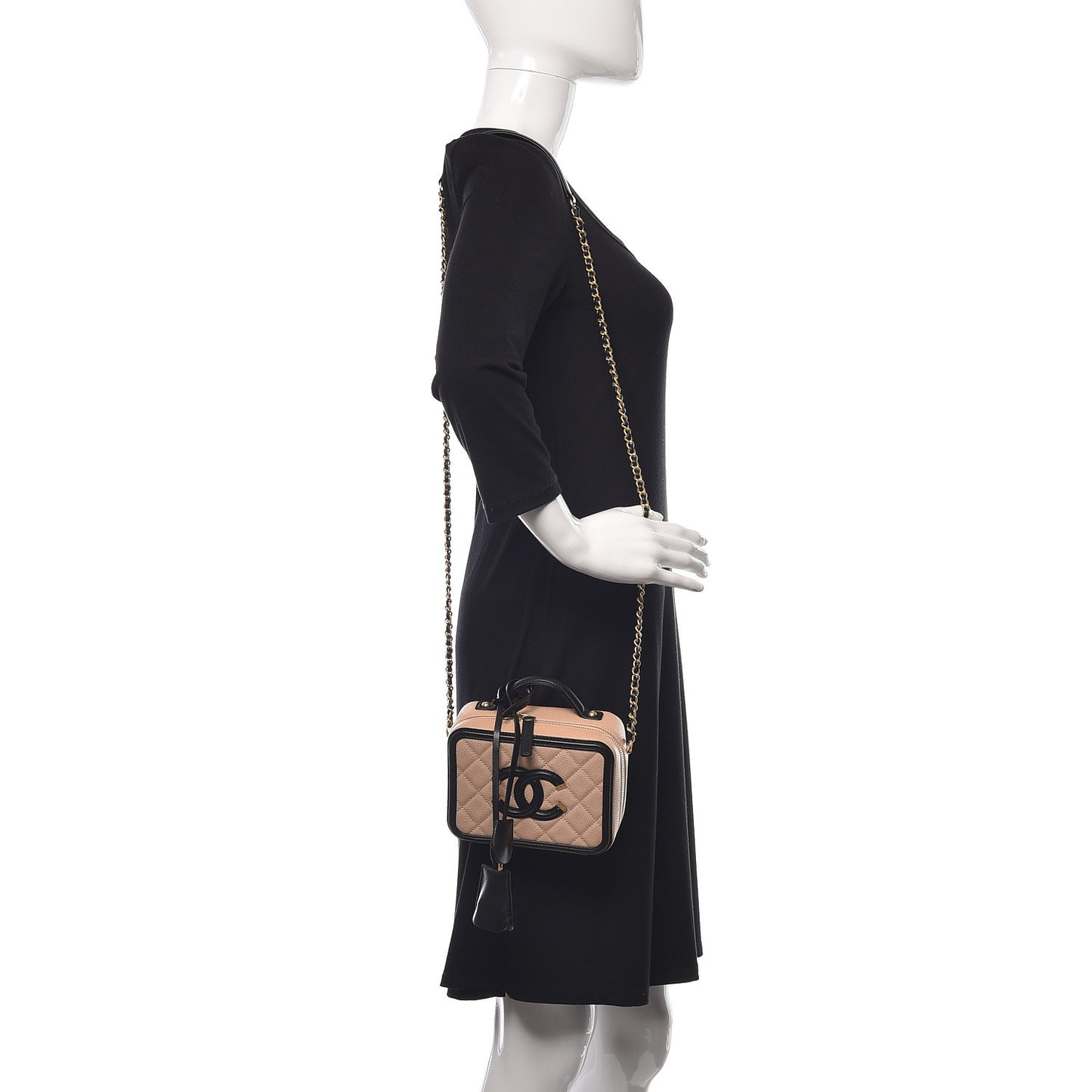 Caviar Quilted Small CC Filigree Vanity Case Beige Black
