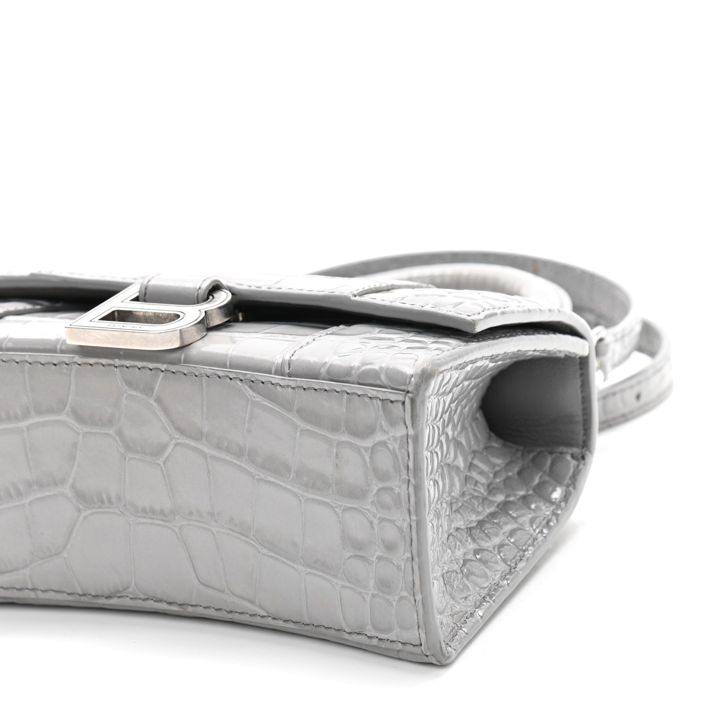 Shiny Calfskin Crocodile Embossed Hourglass Top Handle Bag XS Balenciaga Grey