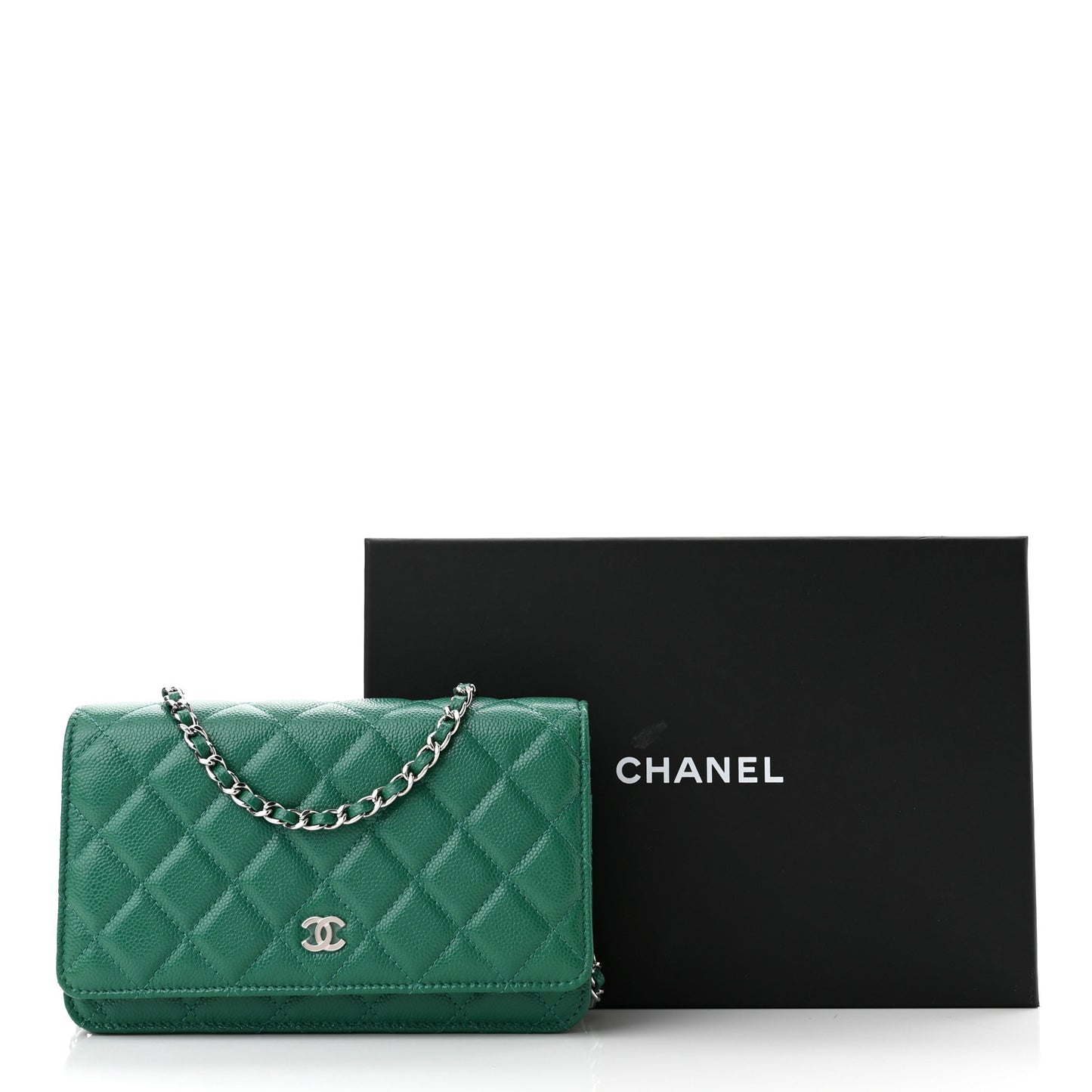 Metallic Caviar Quilted Wallet On Chain WOC Green