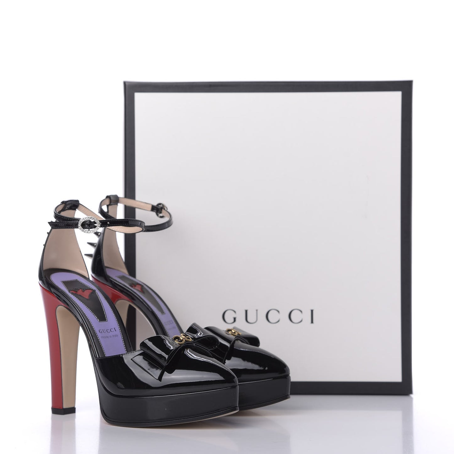 Patent Crystal GG Bow Sadie Spike Ankle Strap d'Orsay Platform High Heel Pumps 36.5 Black