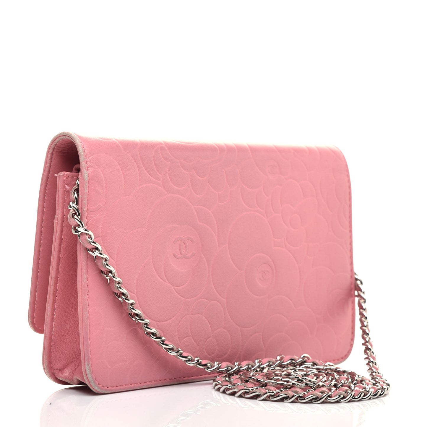 Lambskin Camellia Embossed Wallet On Chain WOC Pink