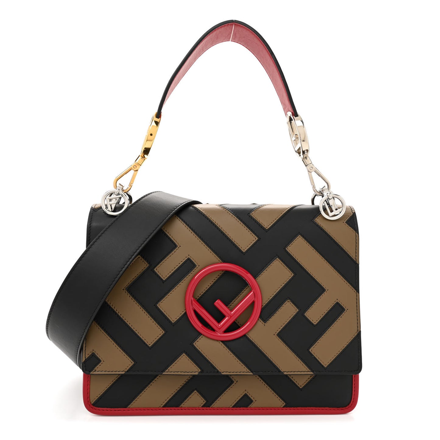 Vitello Century F is Fendi FF Diagonal Inlay Kan I Shoulder Bag Fango Black Fragola