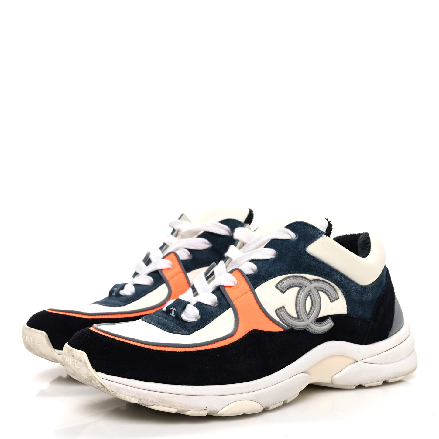 Nylon Calfskin Suede CC Womens Sneakers 38.5 Navy White Orange