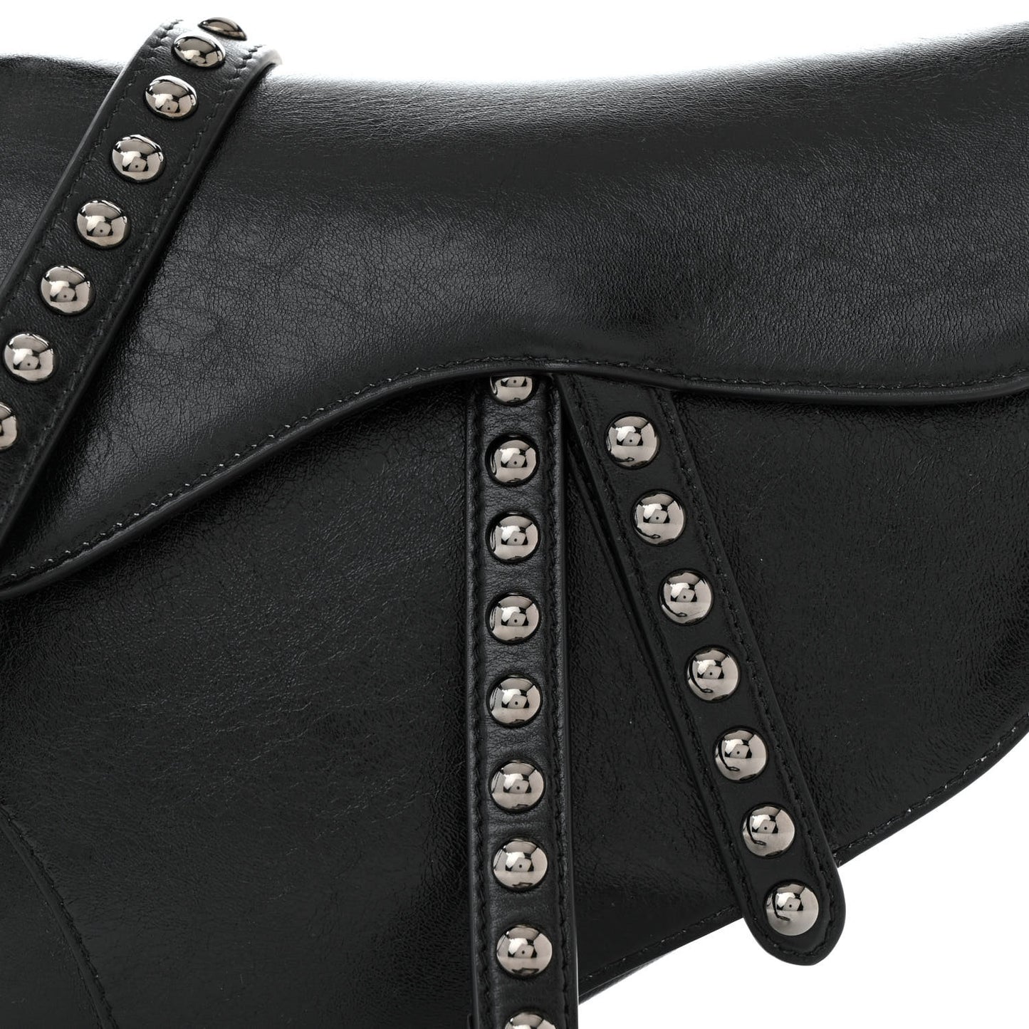 Crinkled Patent Lambskin Studded Saddle Bag With Strap Black