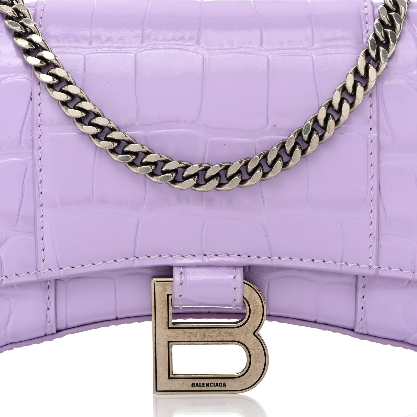 Shiny Calfskin Crocodile Embossed Hourglass Chain Bag Lilac
