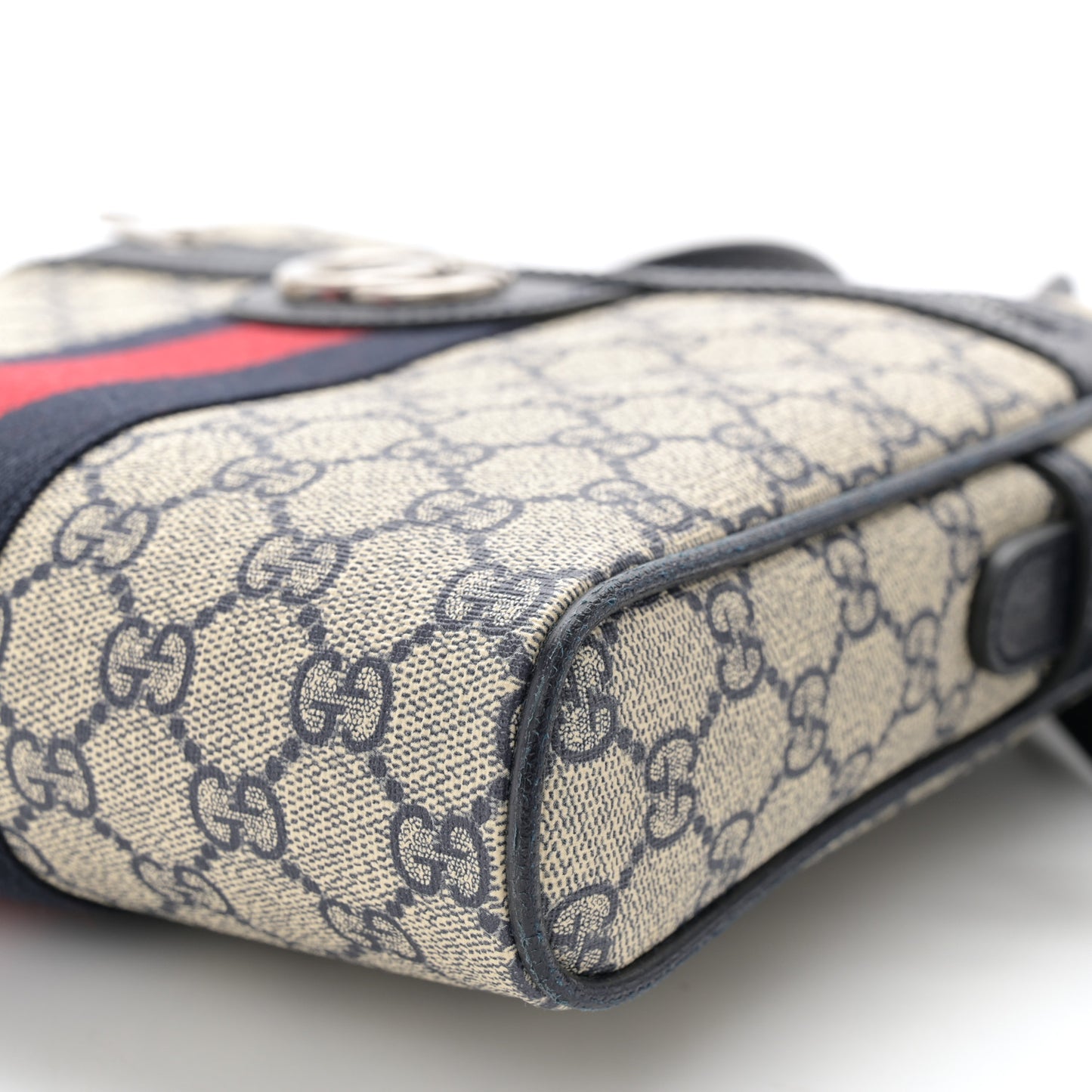 GG Supreme Monogram Textured Dollar Calfskin Web Small Ophidia Messenger Bag Beige Blue
