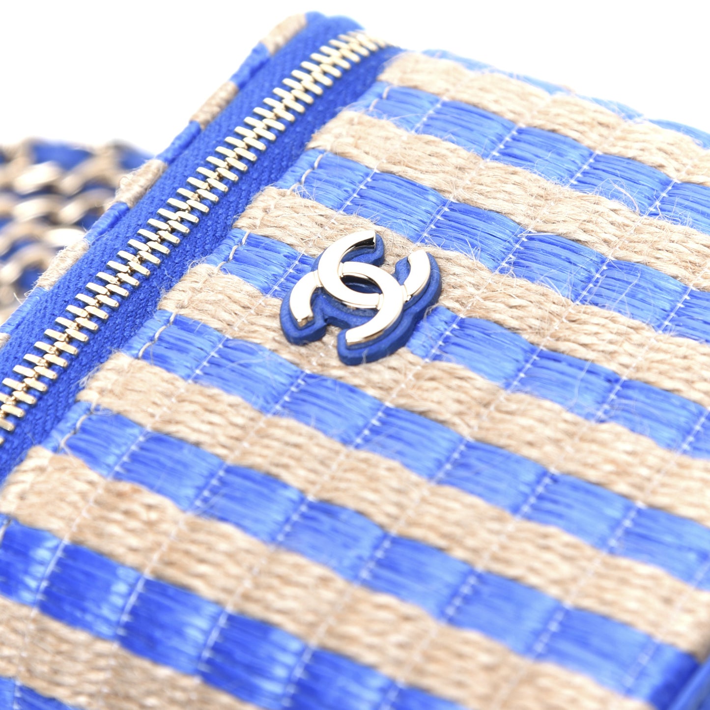 Raffia Jute Striped Mini Vanity Case With Chain Blue Beige