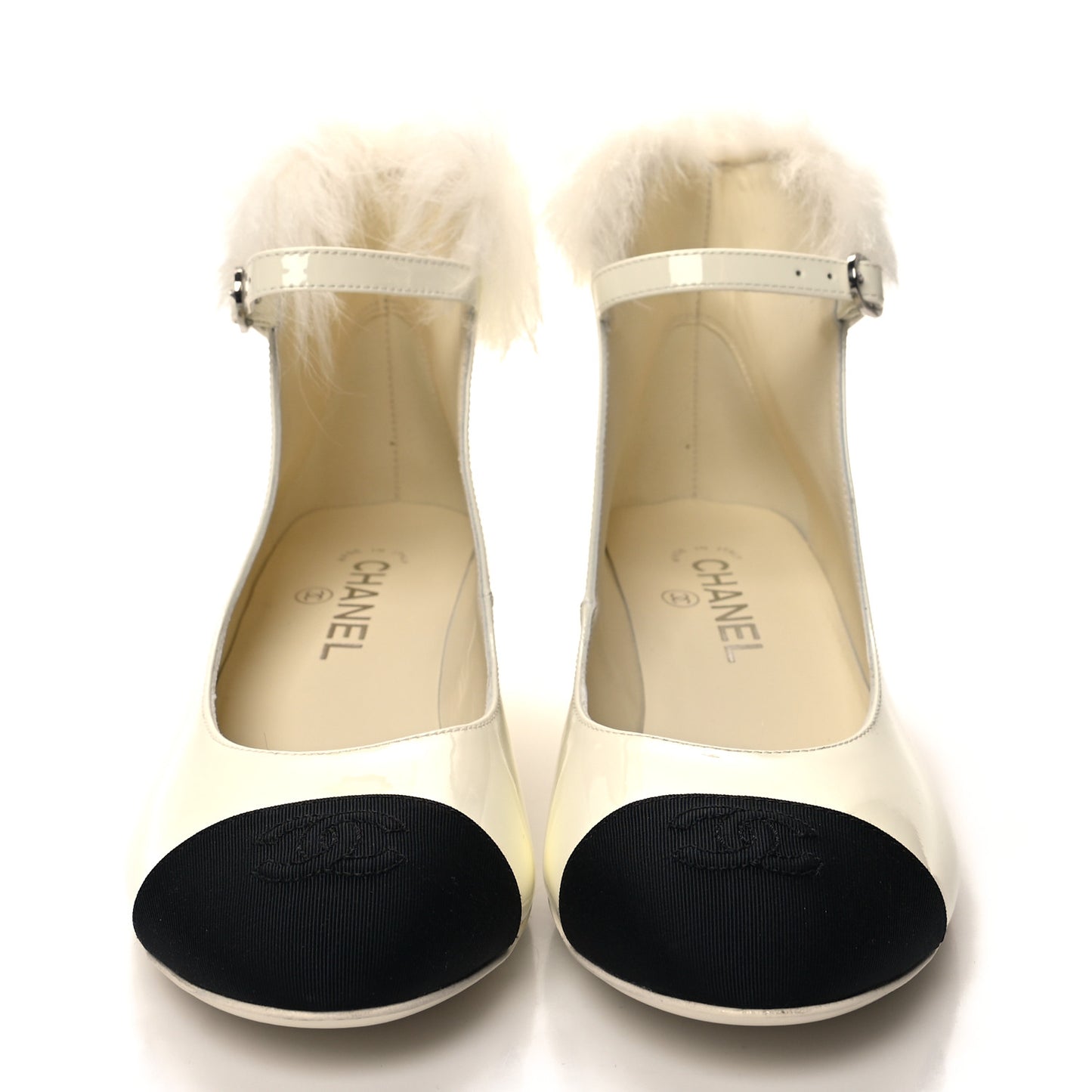 Patent Shearling Lambskin Grosgrain Cap Toe Mary Jane Low Heel Pumps 38.5 White Black
