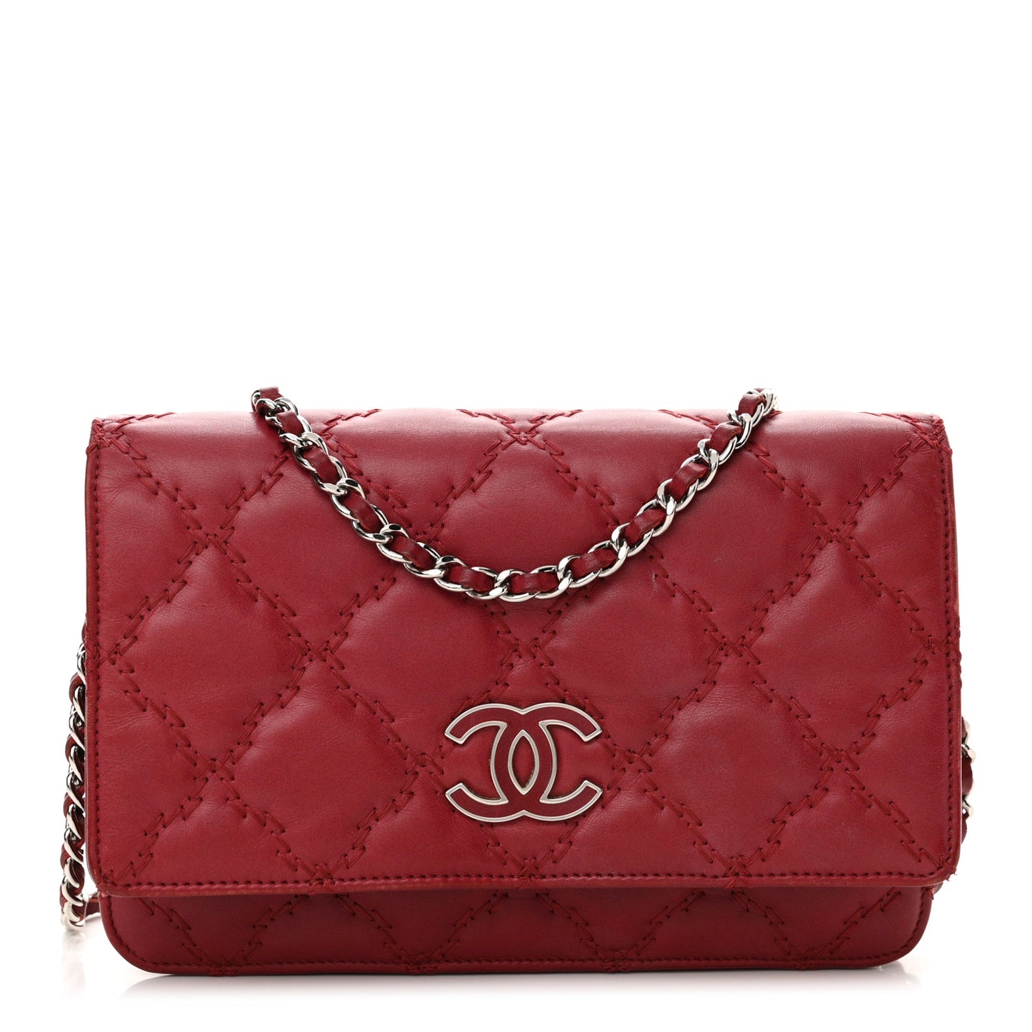 Calfskin Double Stitch Hamptons Wallet On Chain WOC Red