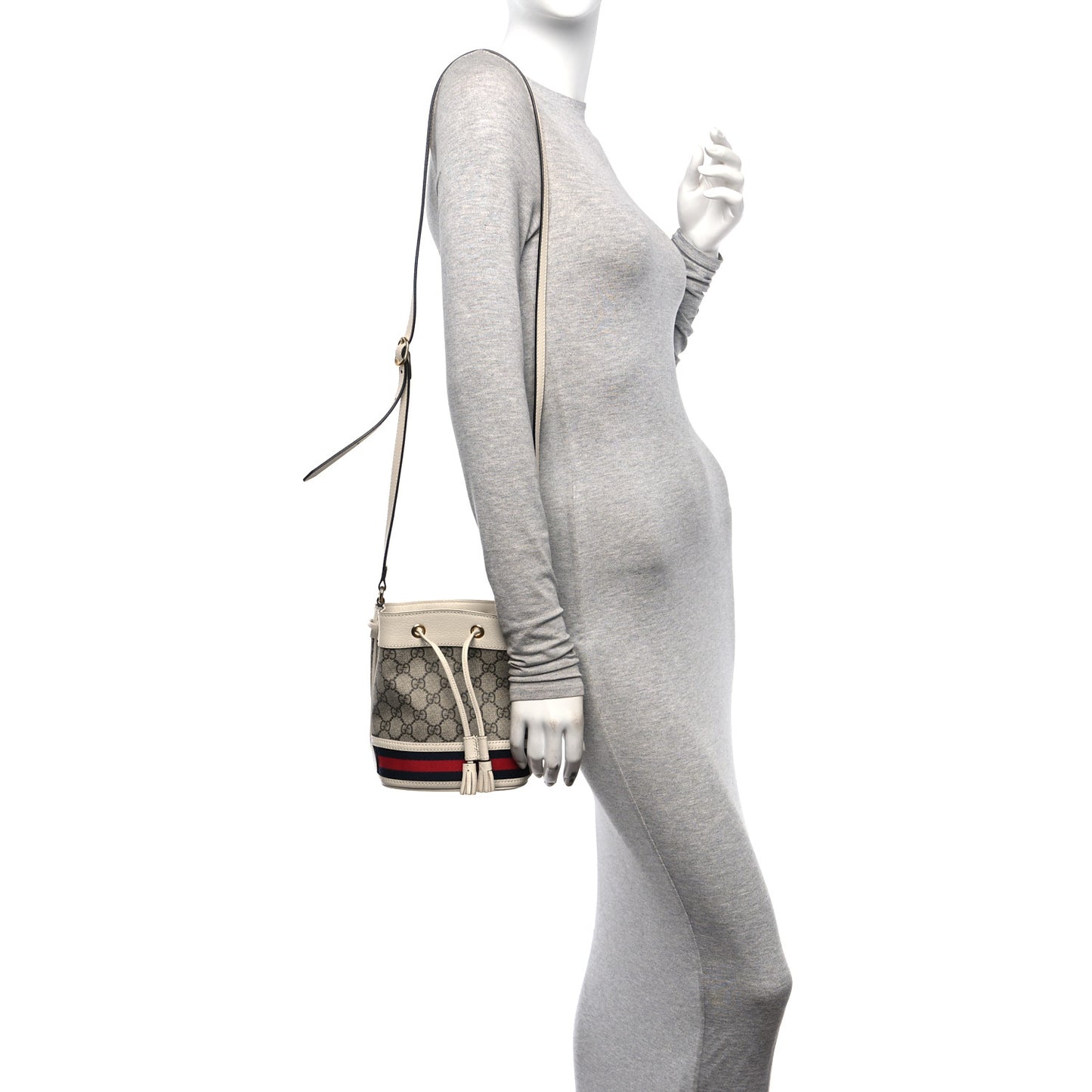 GG Supreme Monogram Textured Calfskin Web Mini Ophidia Bucket Bag Beige Ebony Mystic White