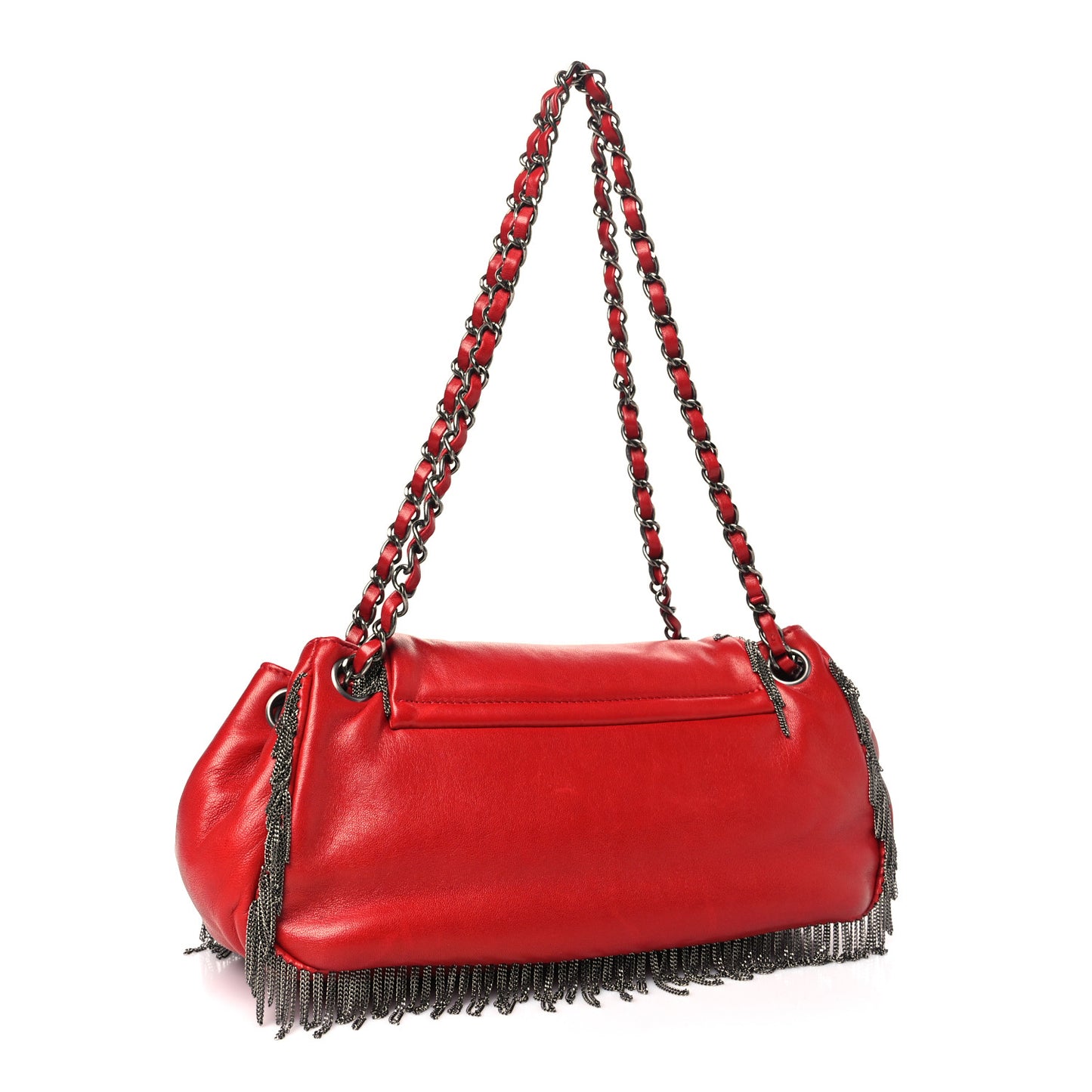 Lambskin Rock And Cabaret Chain Fringe Accordion Flap Red