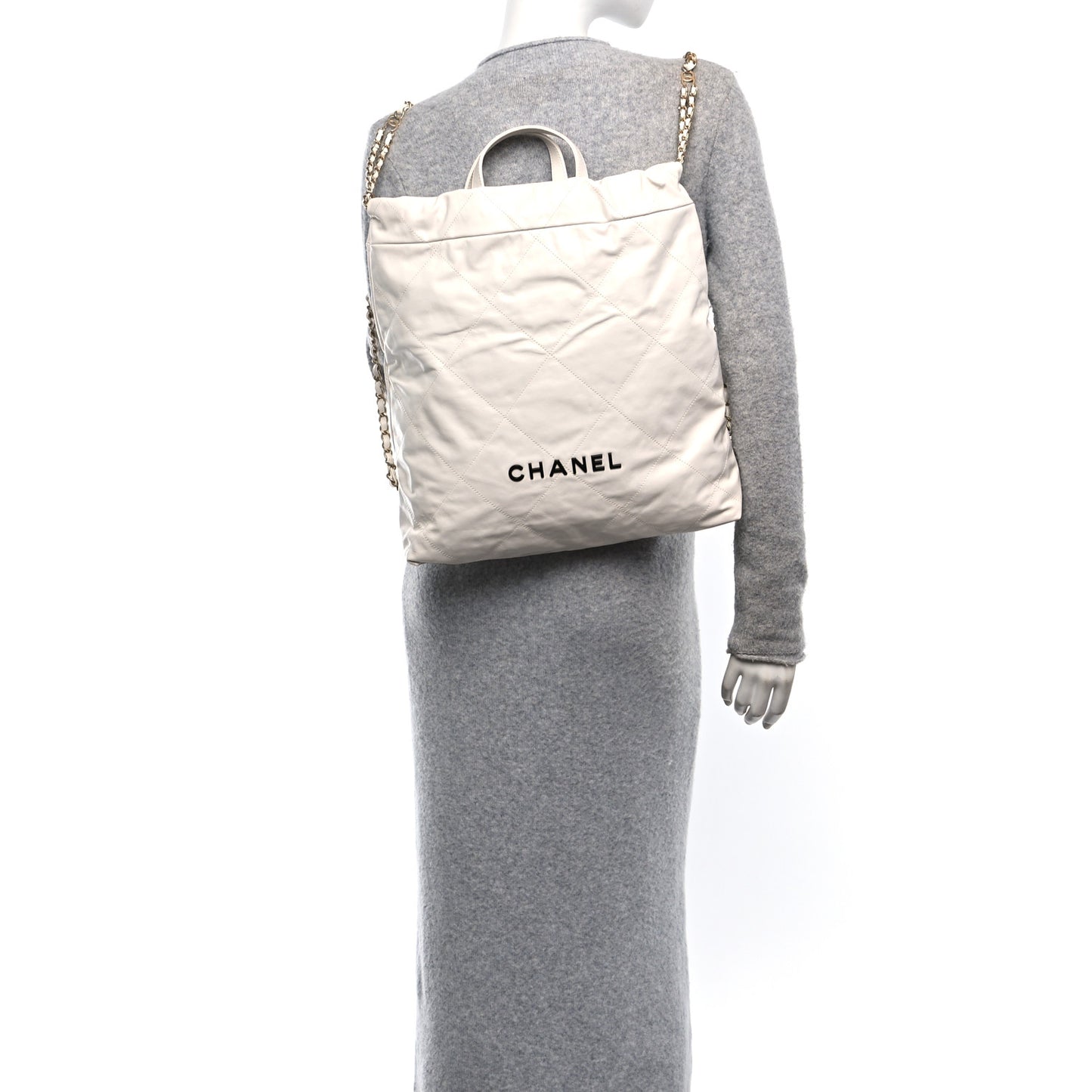Shiny Calfskin Quilted Chanel 22 Backpack White Black