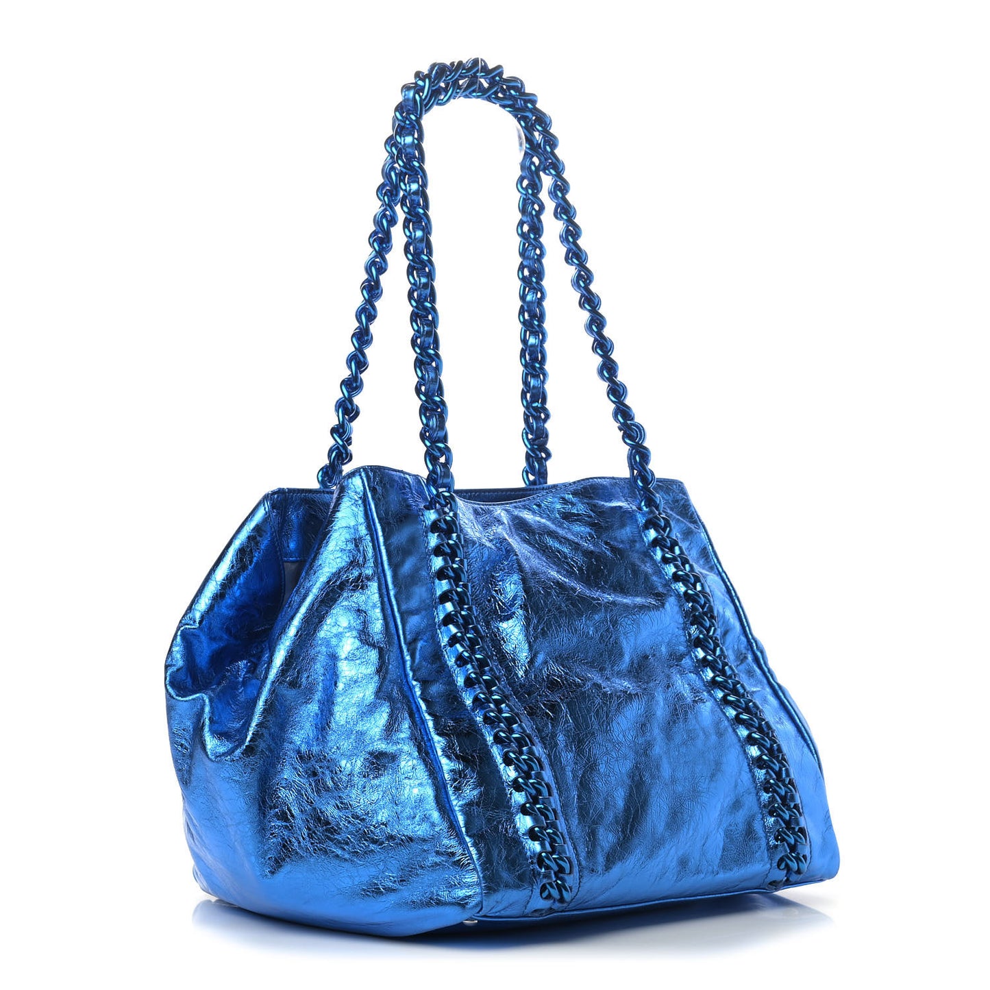 Metallic Cracked Calfskin Modern Chain Tote Blue