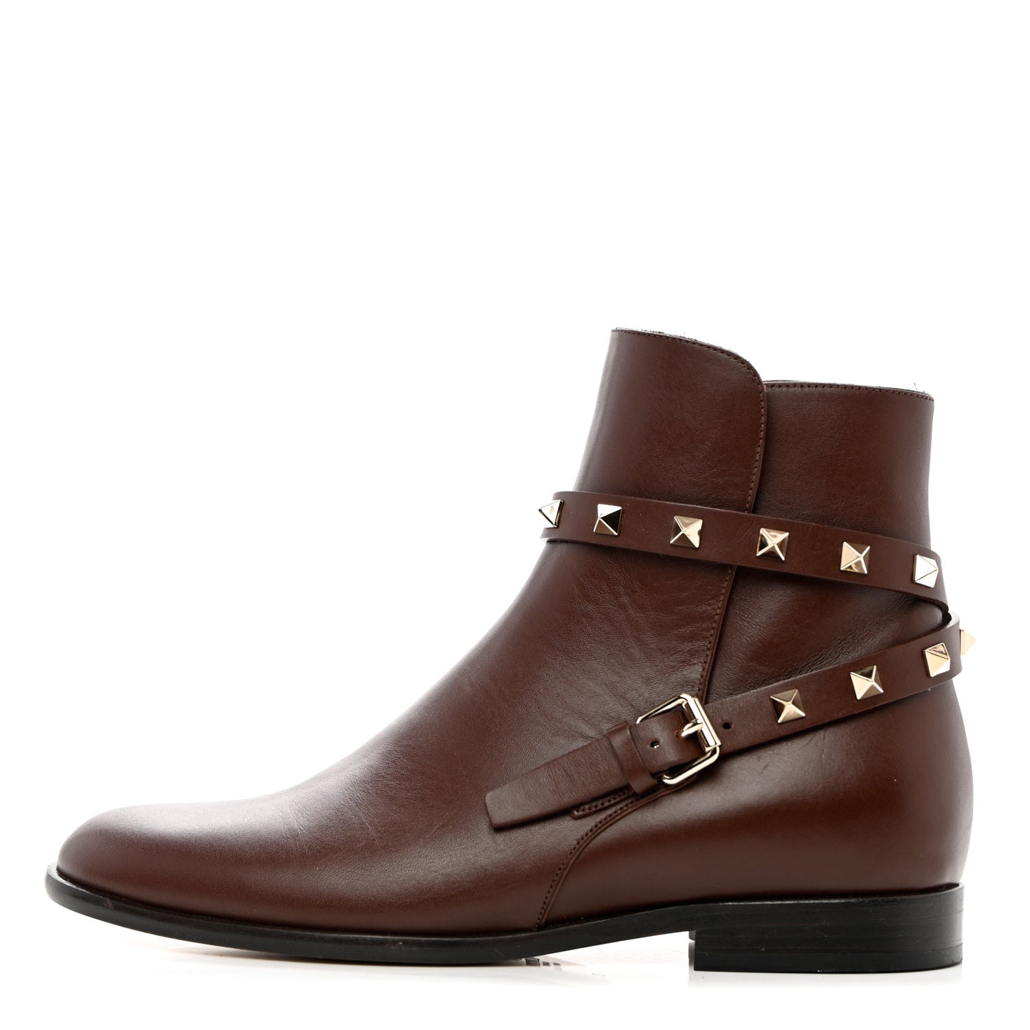 Calfskin Rockstud Buckle Ankle Boots 37 Light Brown