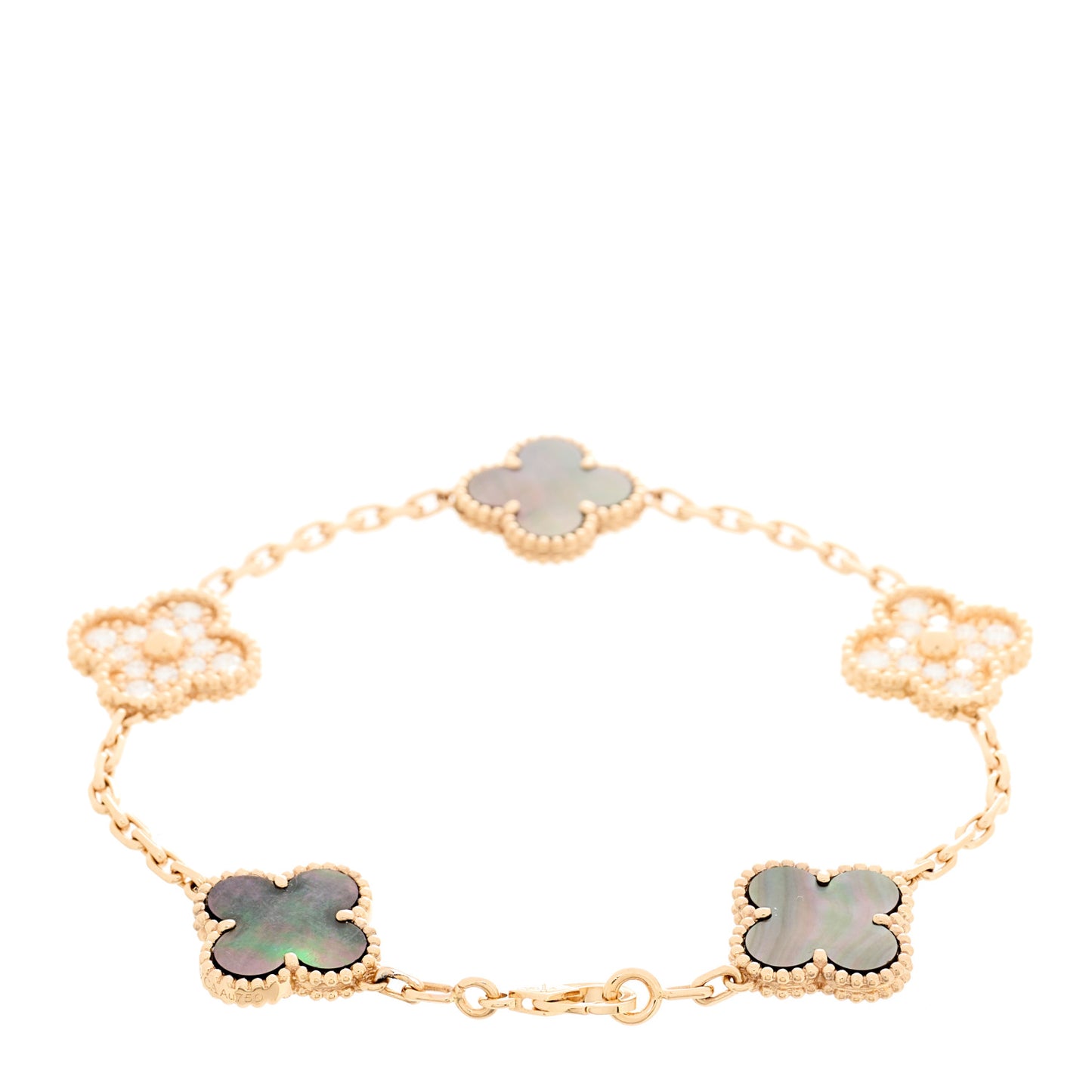 18K Rose Gold Diamond Gray Mother of Pearl 5 Motifs Vintage Alhambra Bracelet