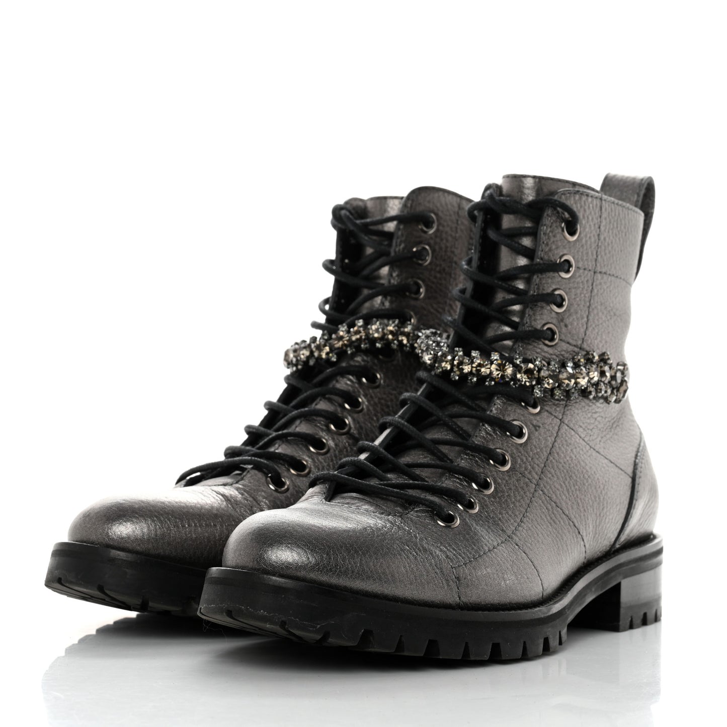 Metallic Grained Goatskin Pearl Crystal Embellished Cruz Combat Boots 37 Grey