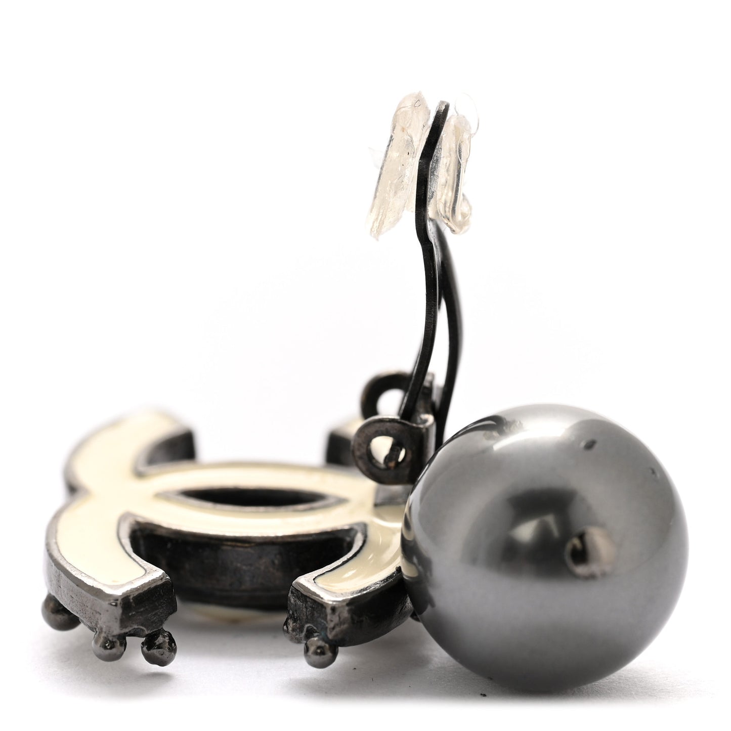 Enamel Bead CC Drop Clip On Earrings Ruthenium White