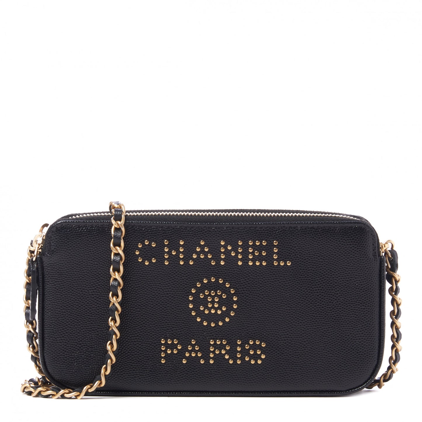 Caviar Studded Small Deauville Clutch With Chain Black