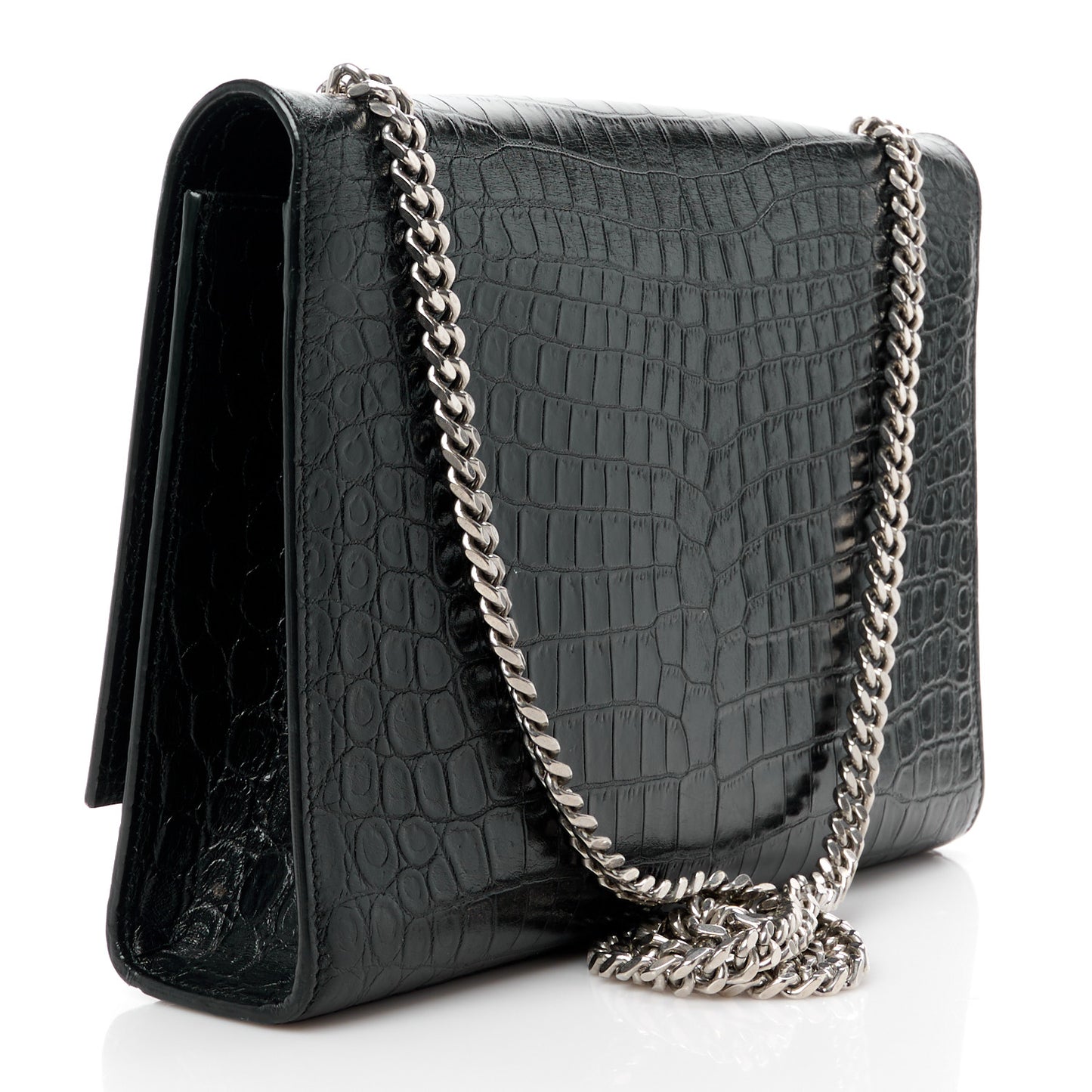 Calfskin Crocodile Embossed Large Classic Monogram Kate Satchel Black