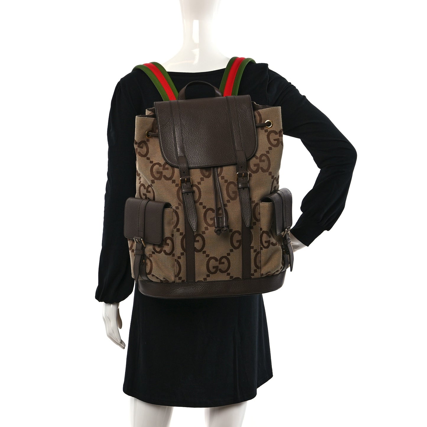 Monogram Jumbo GG Textured Dollar Calfskin Web Double Buckle Backpack Camel Ebony New Acero