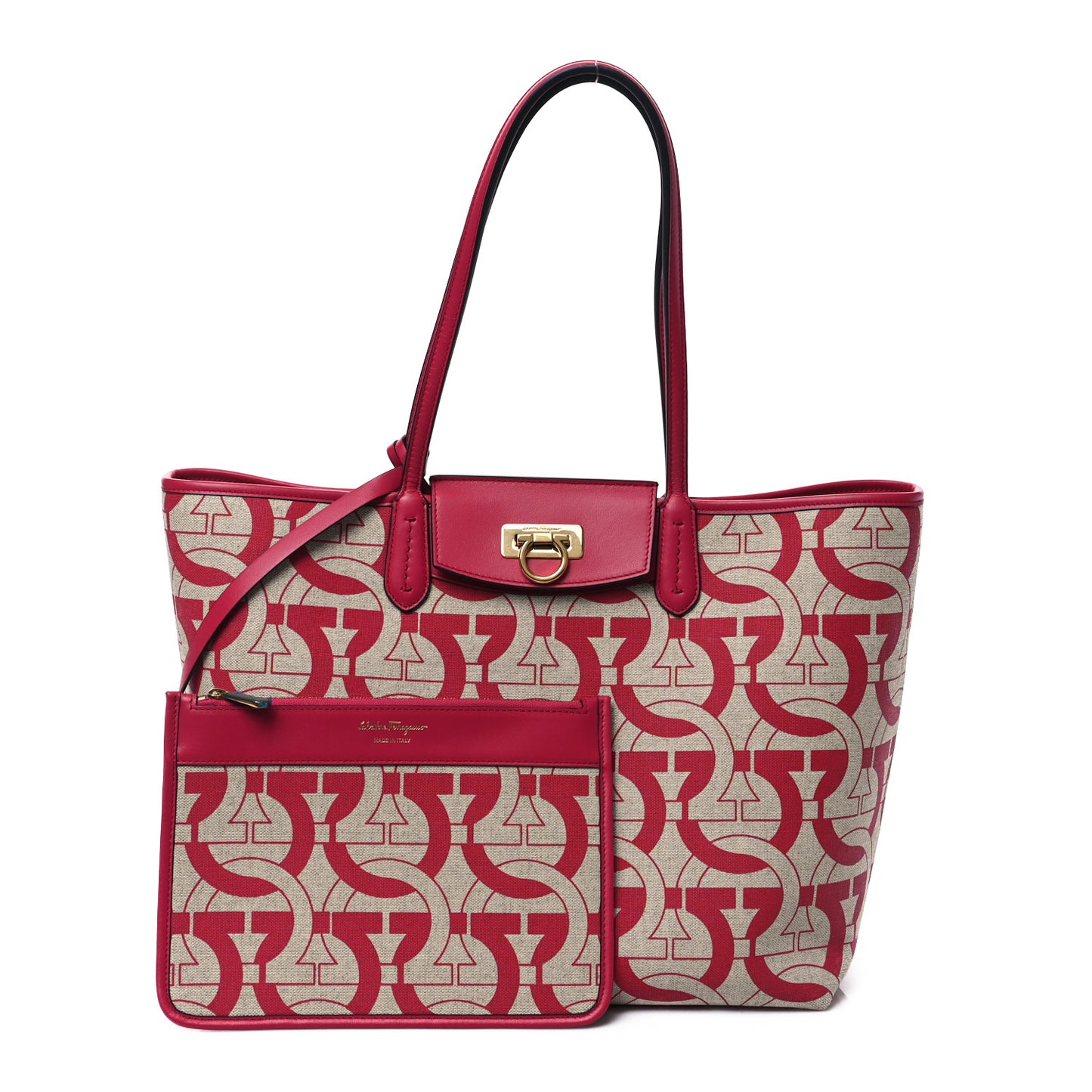 Canvas Calfskin Gancini Tote Red Beige