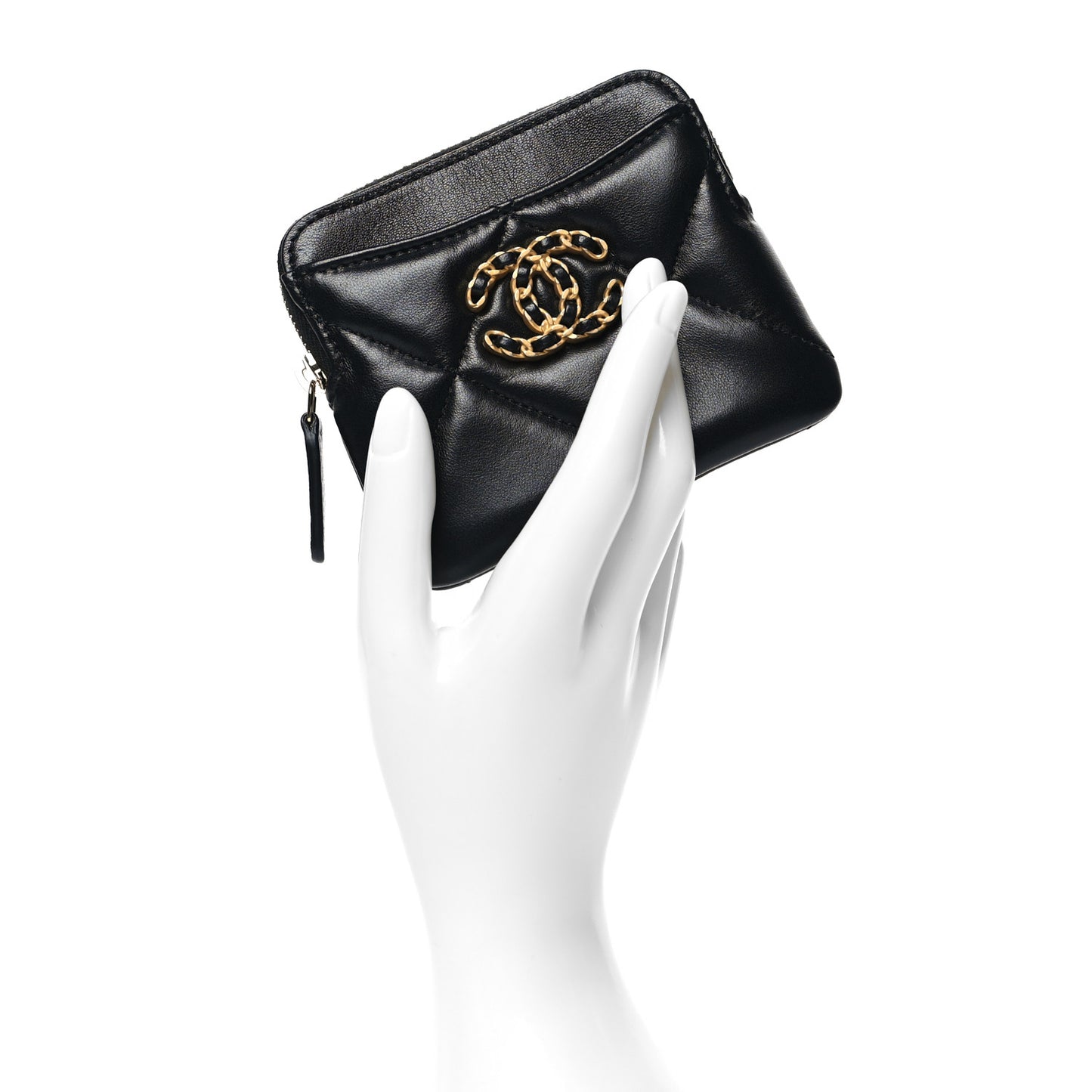 Lambskin Quilted Chanel 19 Zip Card Holder Wallet Black