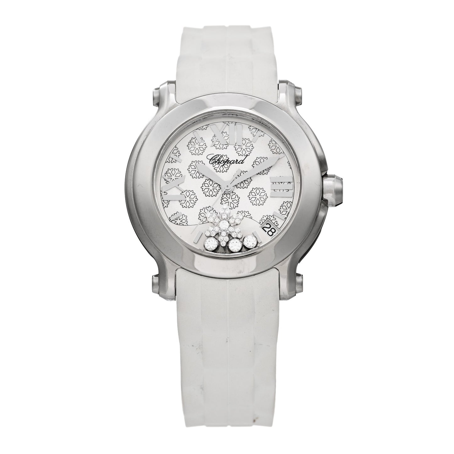 Stainless Steel Rubber Diamond 36mm Happy Sport Snow Flake Quartz Watch White