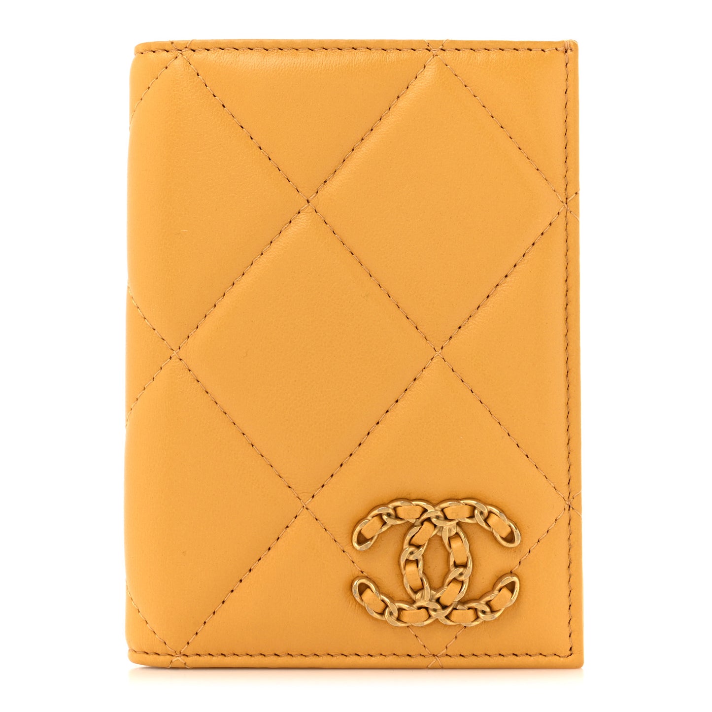 Lambskin Quilted Chanel 19 Passport Holder Yellow