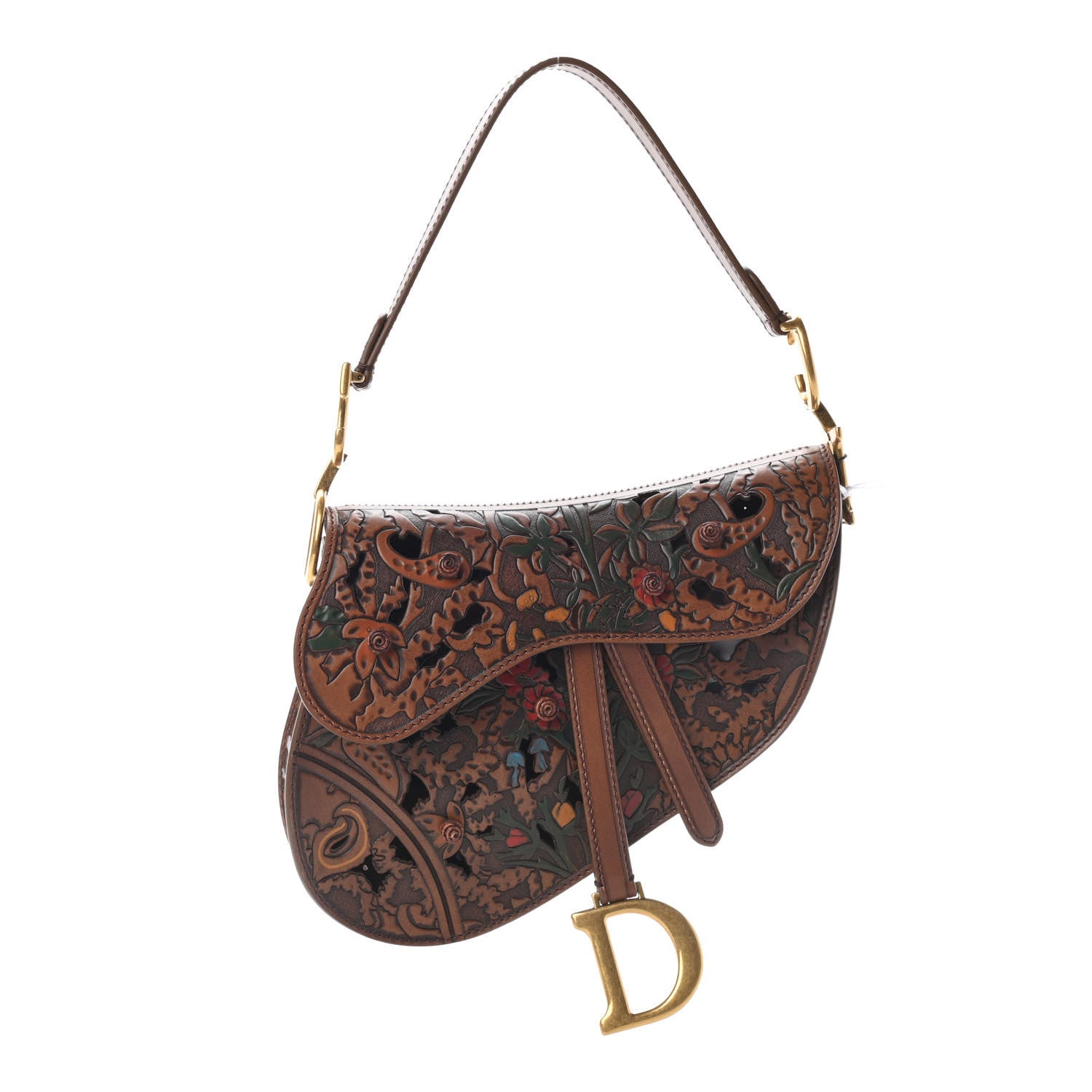 Christian Dior Calfskin Laser Cut Saddle Bag Brown Multicolor