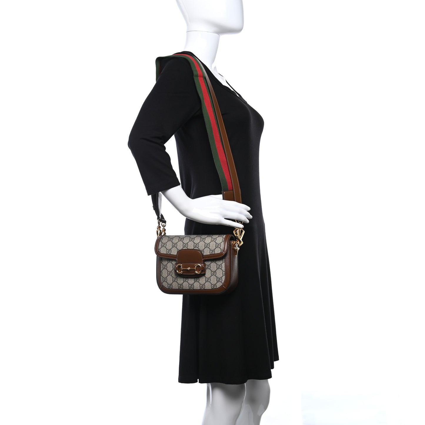 GG Supreme Monogram Web Mini Horsebit 1955 Shoulder Bag Beige Brown Sugar