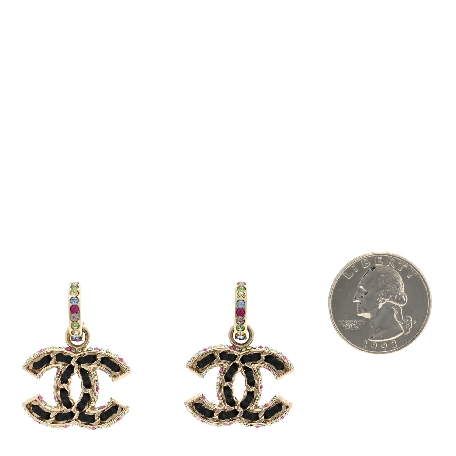Chanel Lambskin Crystal CC Drop Earrings Gold Black Multicolor 2 of 5