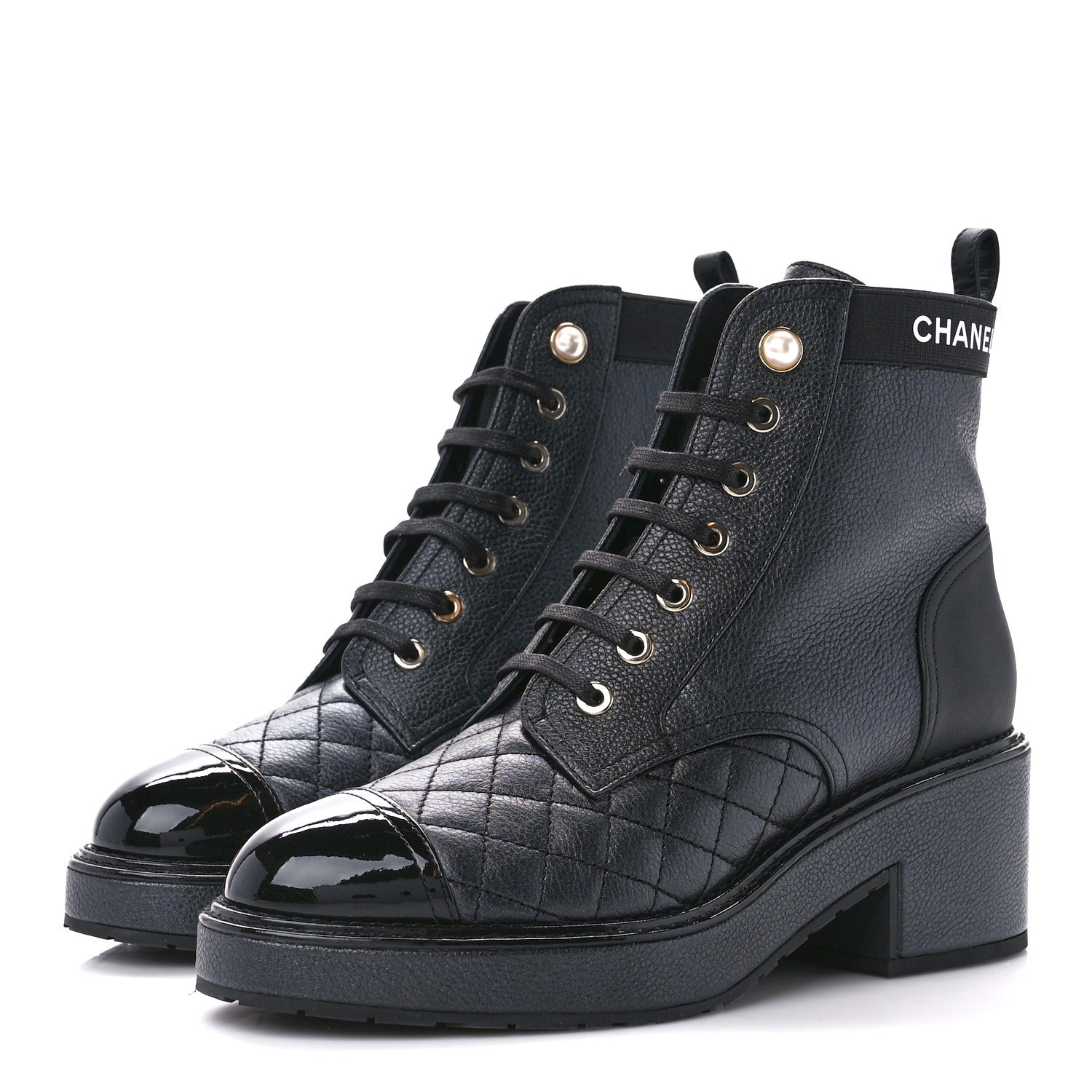 Chanel Pearly Calfskin Patent Calfskin Lace Up Combat Boots 36.5 Black 3 of 10