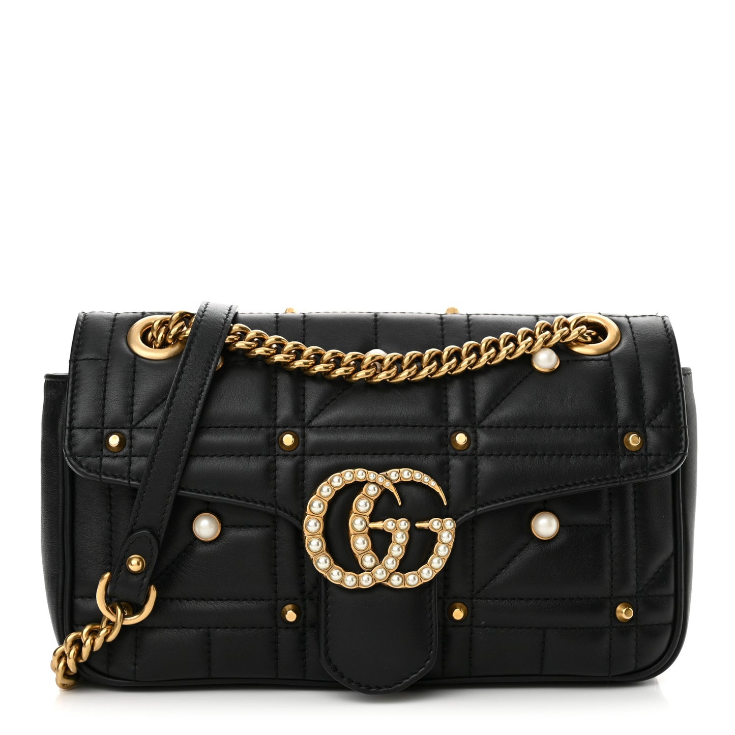 Calfskin Matelasse Studded Small Pearly GG Marmont Shoulder Bag Black