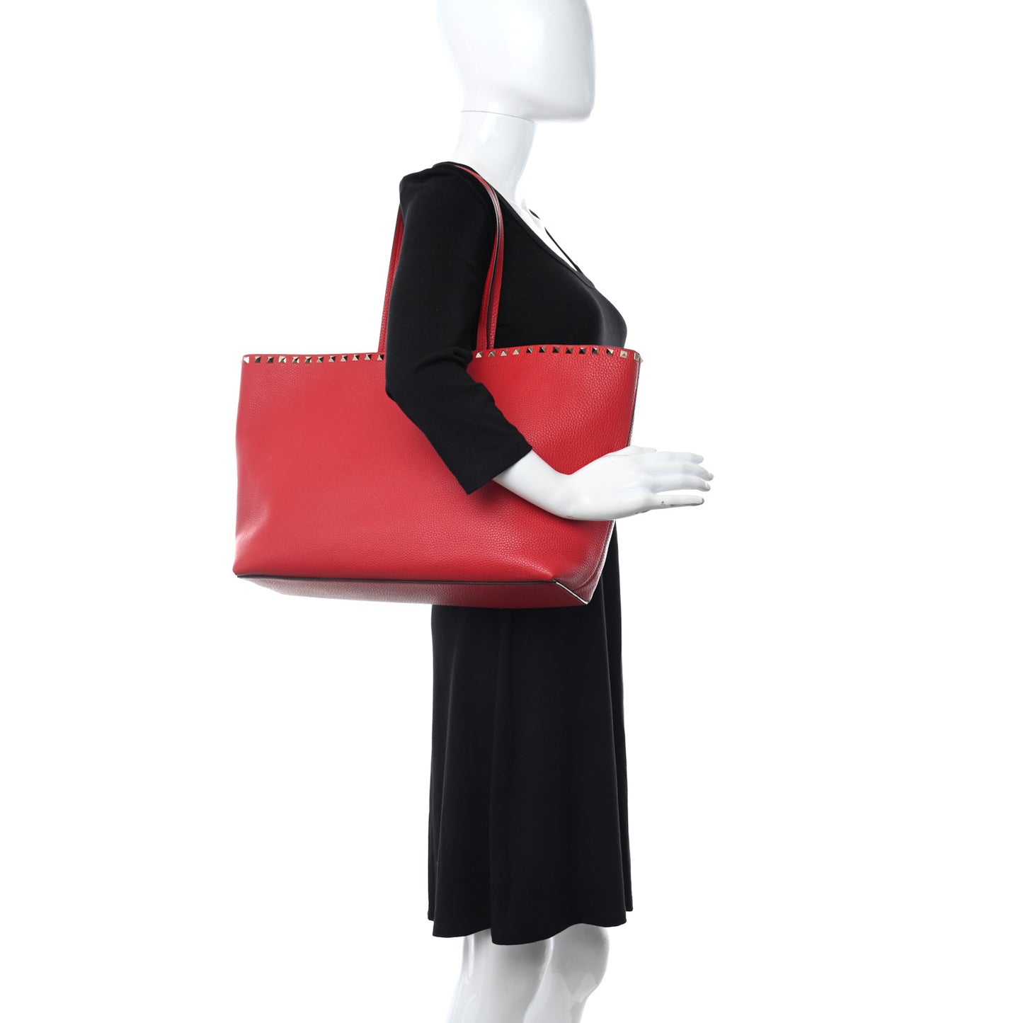 Grained Calfskin Rockstud Shoulder Tote Rouge Pur