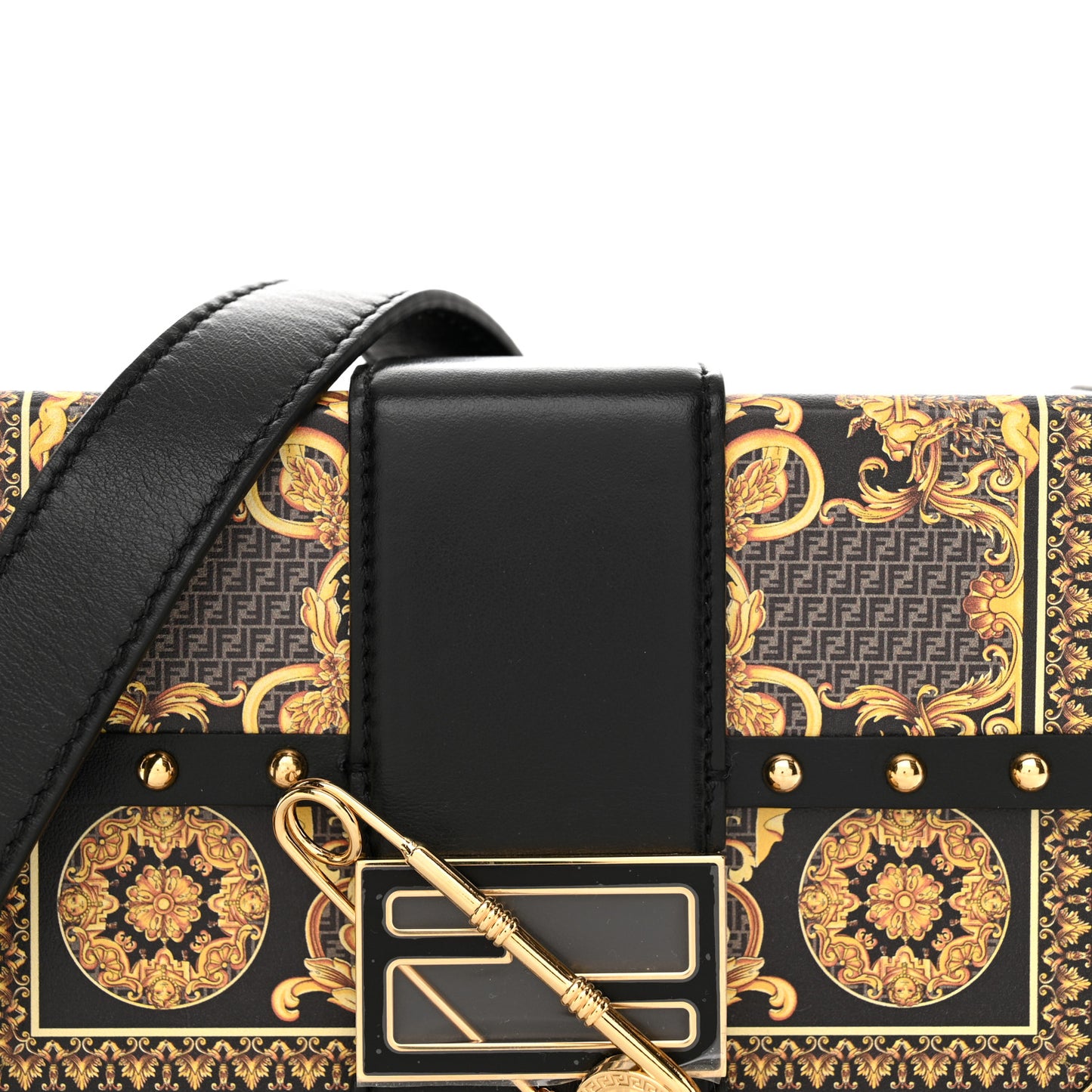 X VERSACE Vitello Cover Fendace Mini FF Baroque Brooch Studded Mini Baguette Trunk Black Gold