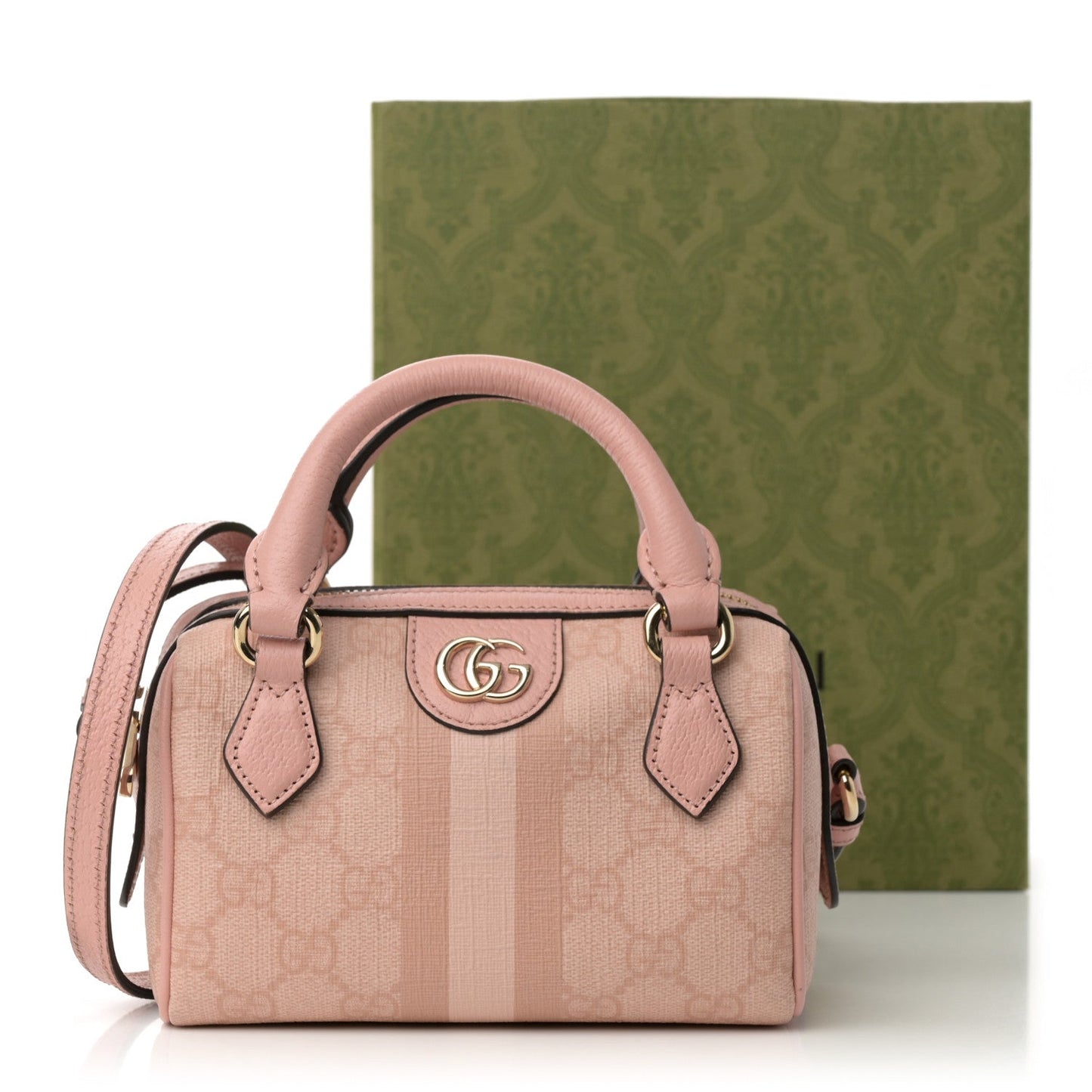 GG Supreme Monogram Textured Dollar Calfskin Web Super Mini Ophidia Top Handle Bowler Bag Rose Pink