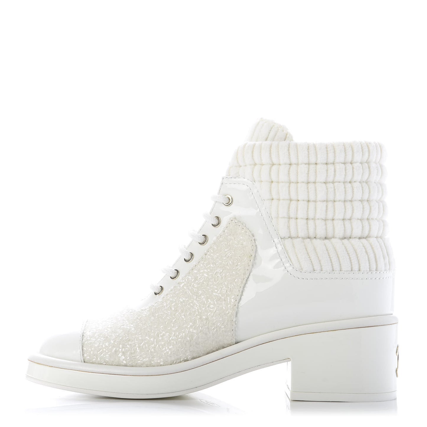 Tweed Patent Calfskin Velvet Lace Up Boots 37 White