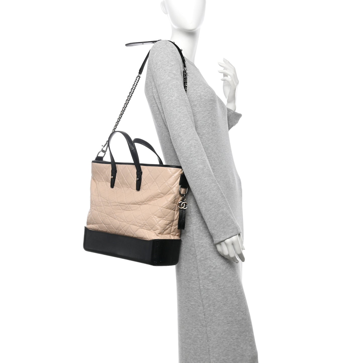 Aged Calfskin Quilted Large Gabrielle Shopping Tote Beige Black