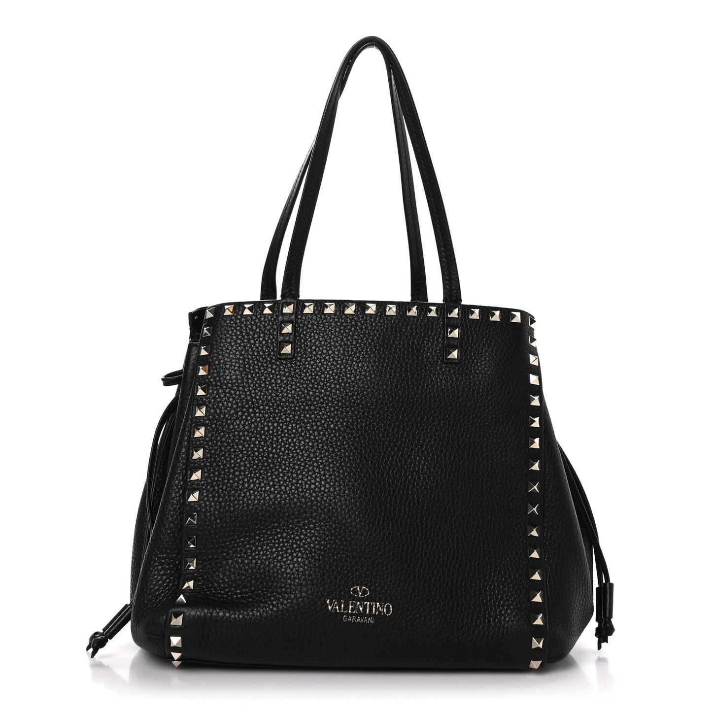 VALENTINO GARAVANI Grained Calfskin Rockstud Double Handle Cinch Tote Black