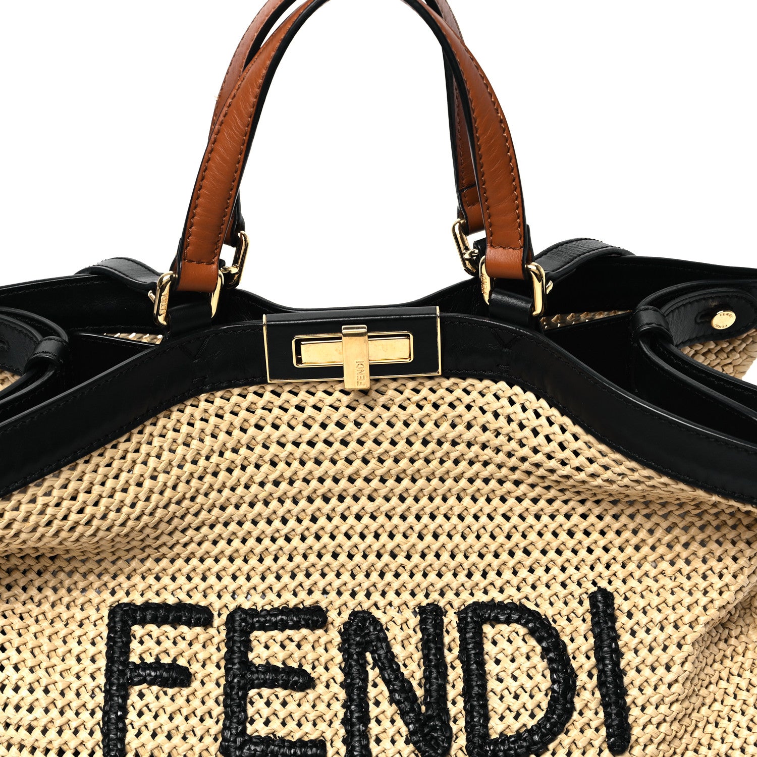 Fendi Raffia Vitello King Macrame Mesh Medium Peekaboo X-Tote Natural Black Cuoio 7 of 13