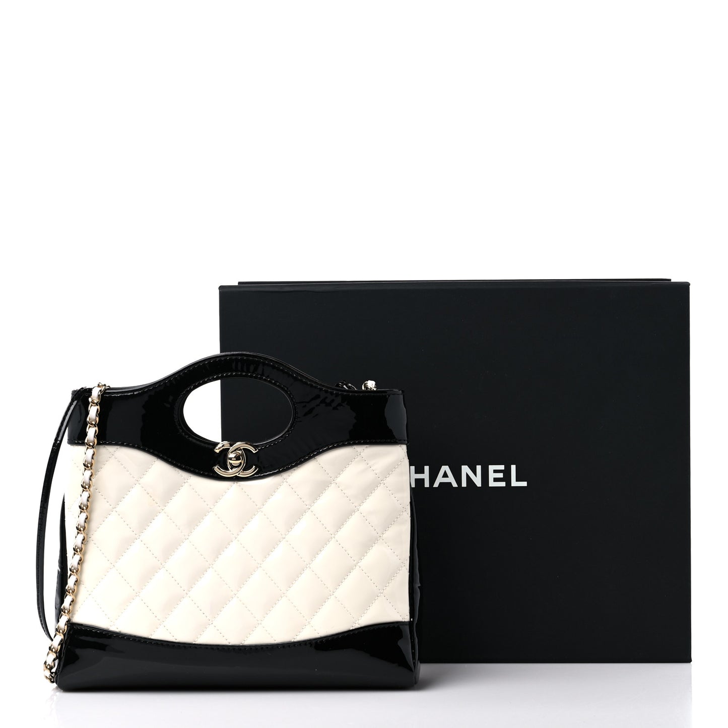Patent Calfskin Quilted Mini 31 Shopping Bag White Black