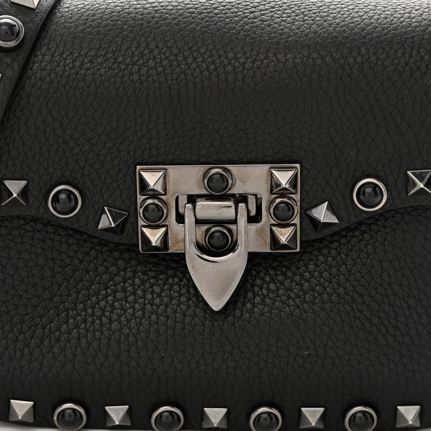 Pebbled Calfskin Rockstud Rolling Flip Lock Crossbody Bag Black