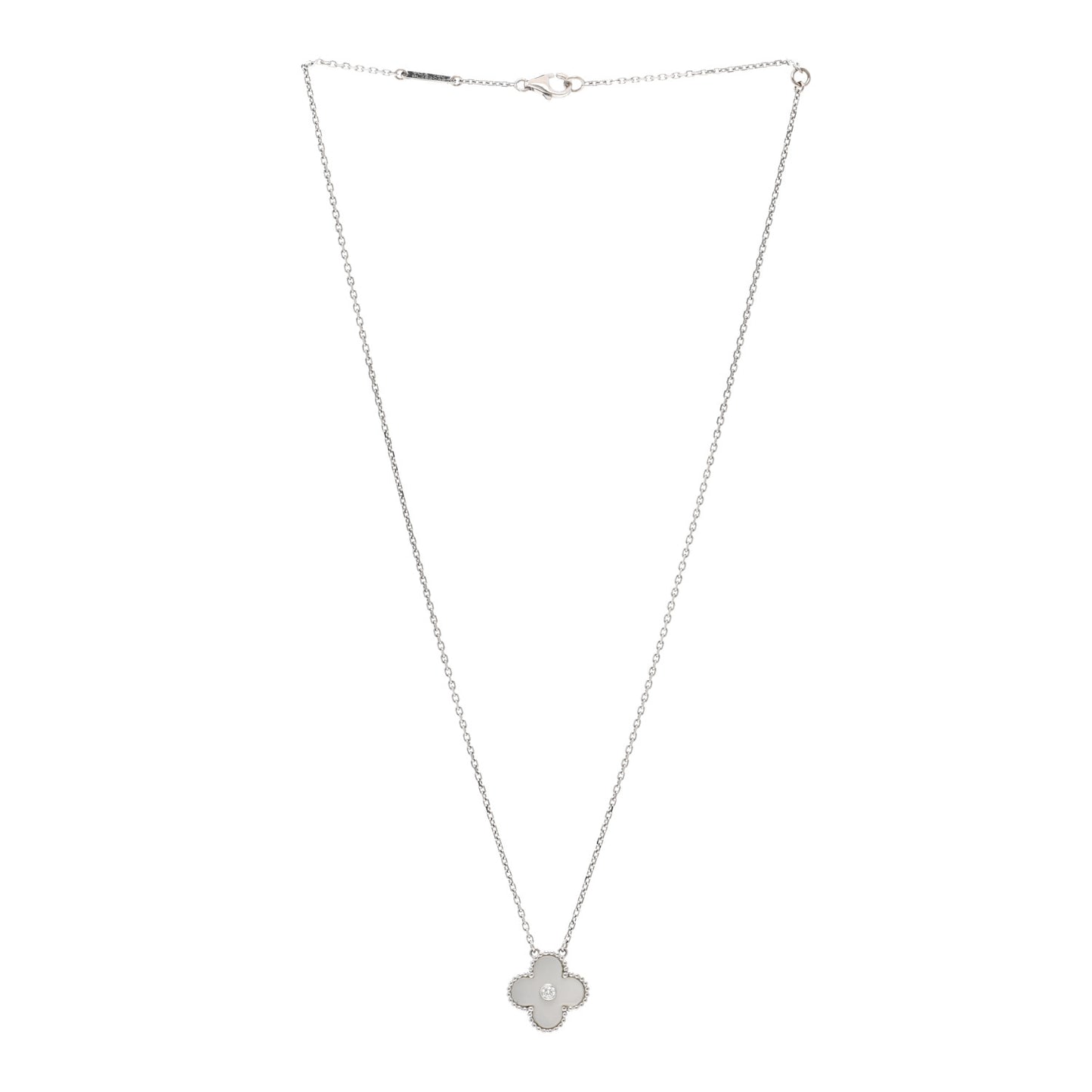 18K White Gold Diamond Mother of Pearl Vintage Alhambra Pendant Necklace