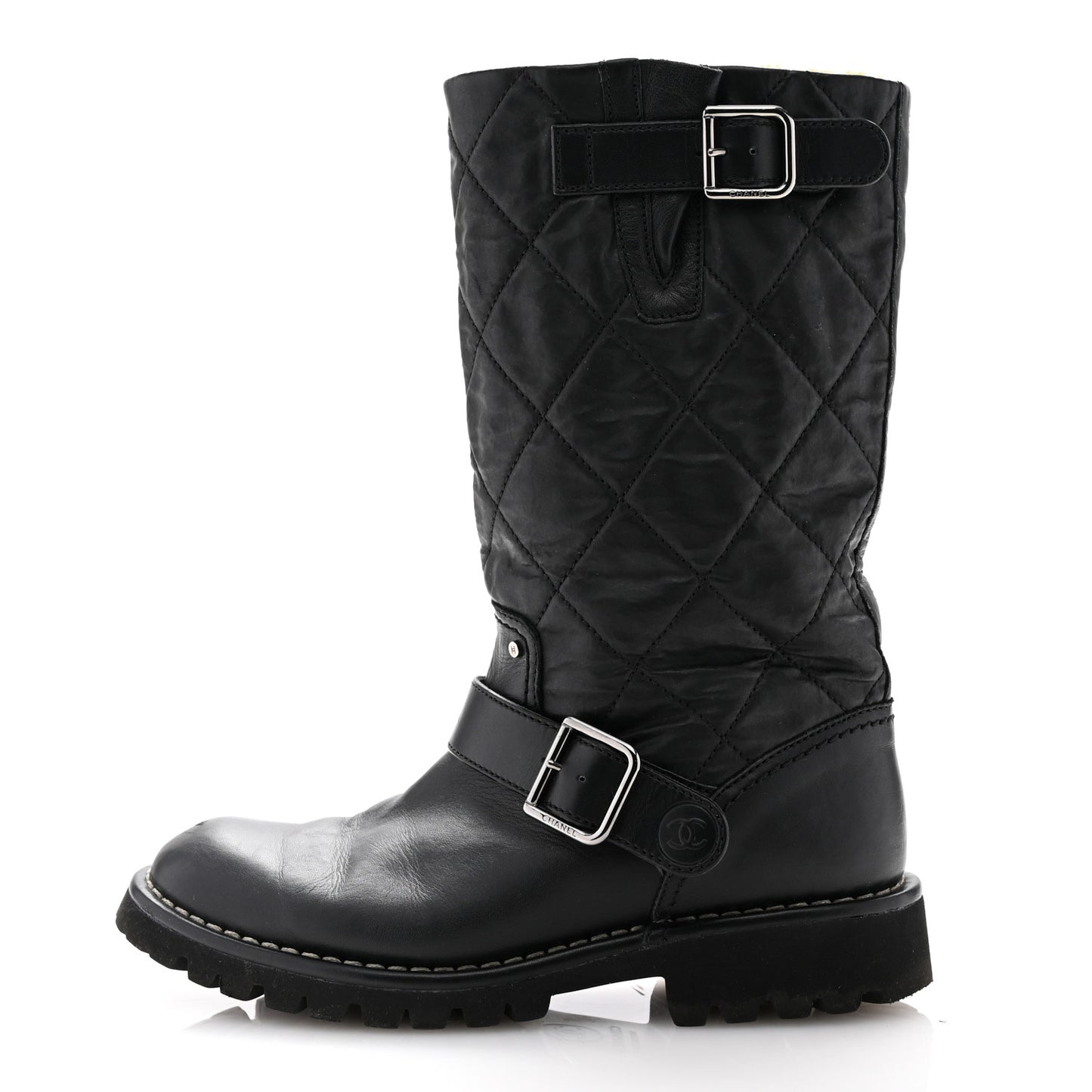 Calfskin Quilted Buckle Biker Boots 36 Black